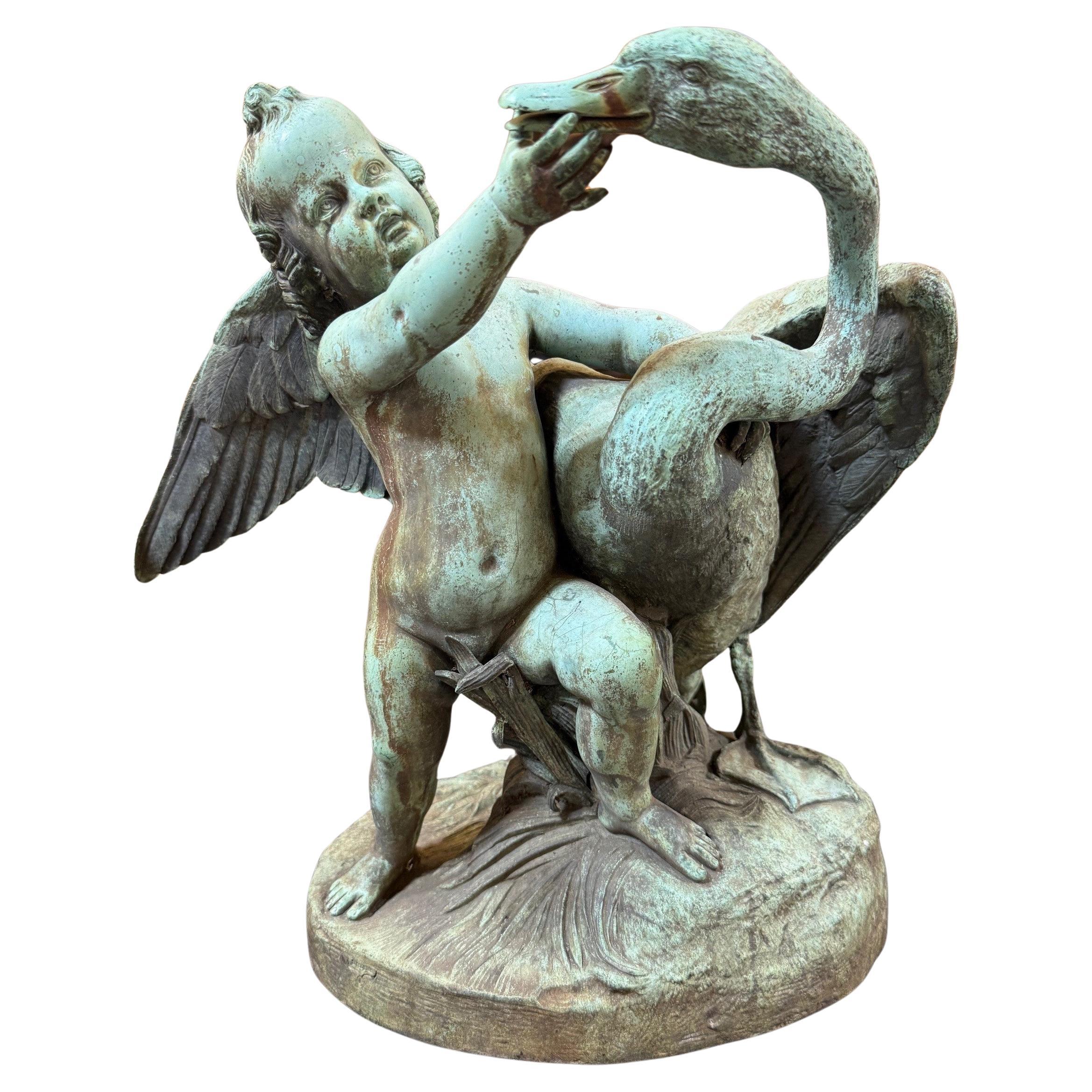 19th Century Patinated Bronze Cherub and Swan Sculpture by Jean-Jacques Pradier