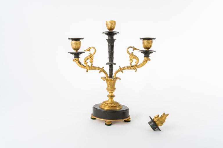 Bronze 19th Century Patinated & Ormolu Empire Striking Mantel Clock Set Pendule Au Vase For Sale