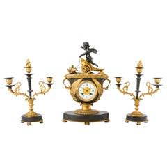 19th Century Patinated & Ormolu Empire Striking Mantel Clock Set Pendule Au Vase