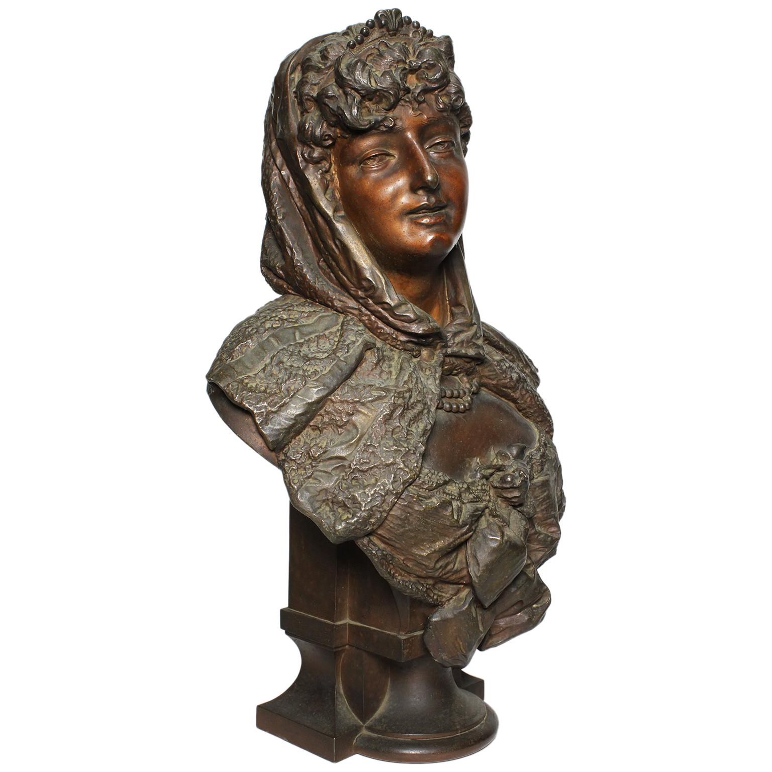 19th Century Patinated Spelter Bust Figure of a Young Girl, Attributed to Hottot For Sale