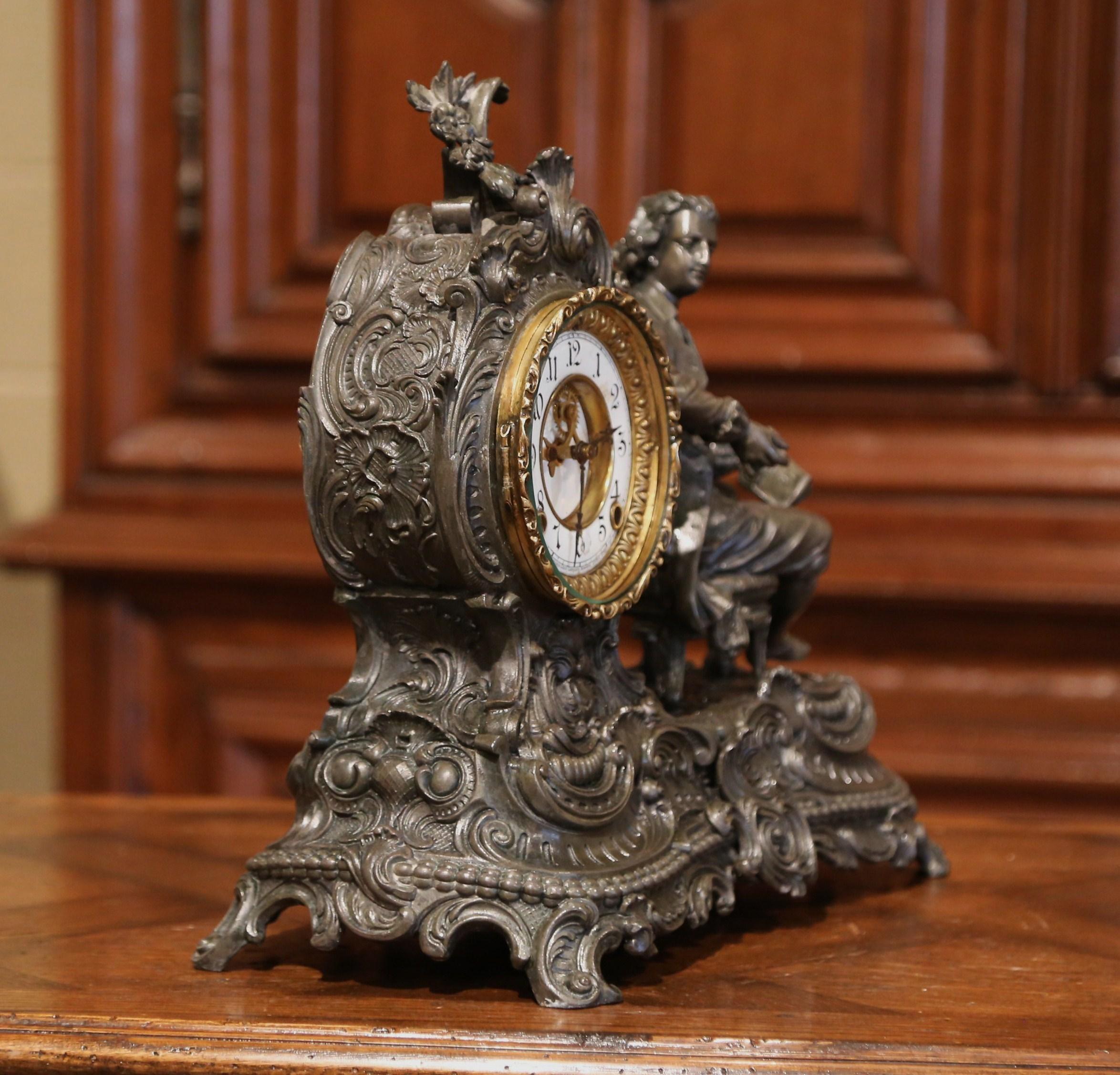 19th Century Patinated Spelter Mantel Clock Statue by Ansonia Clock Company In Excellent Condition In Dallas, TX