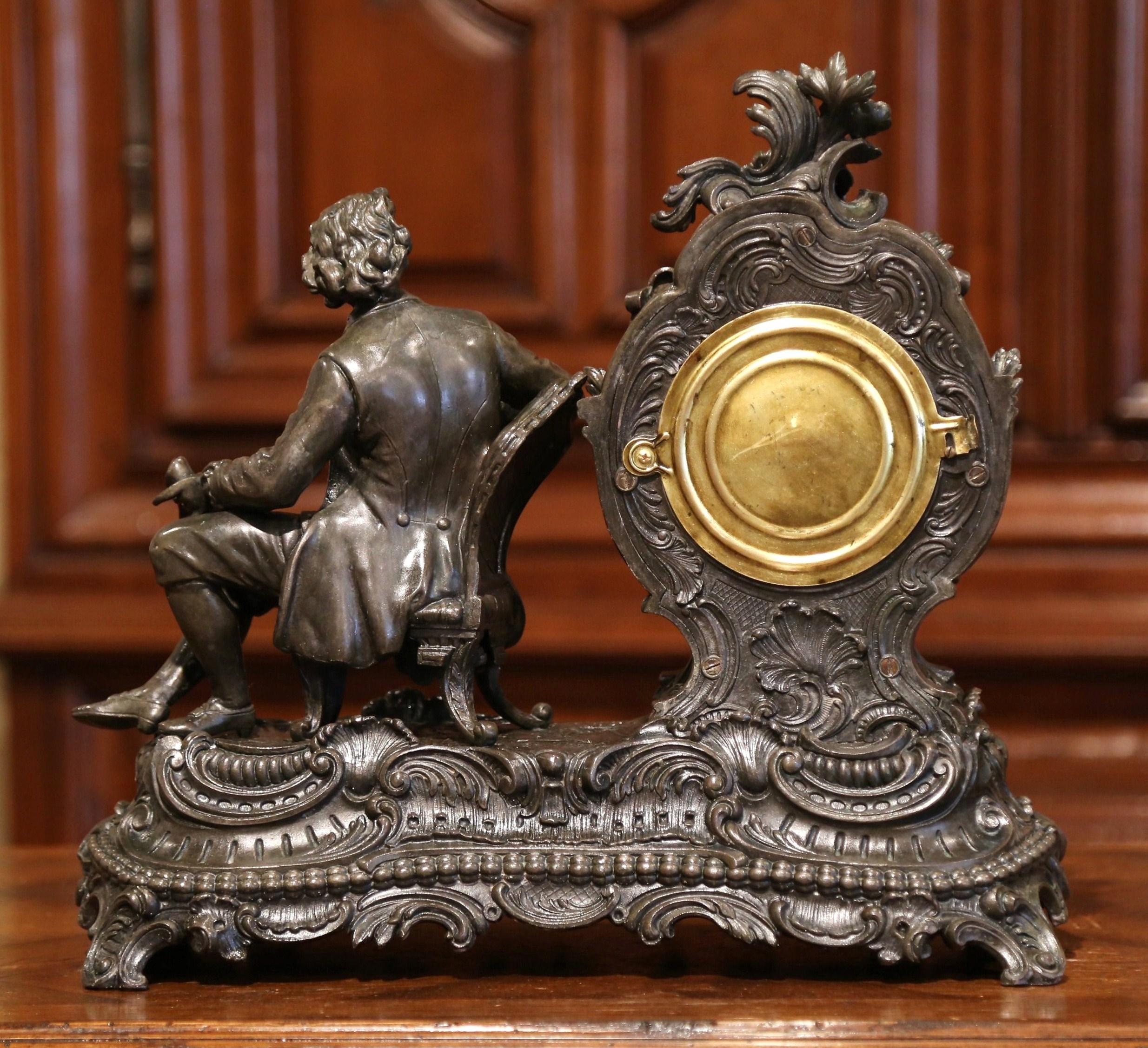 Brass 19th Century Patinated Spelter Mantel Clock Statue by Ansonia Clock Company