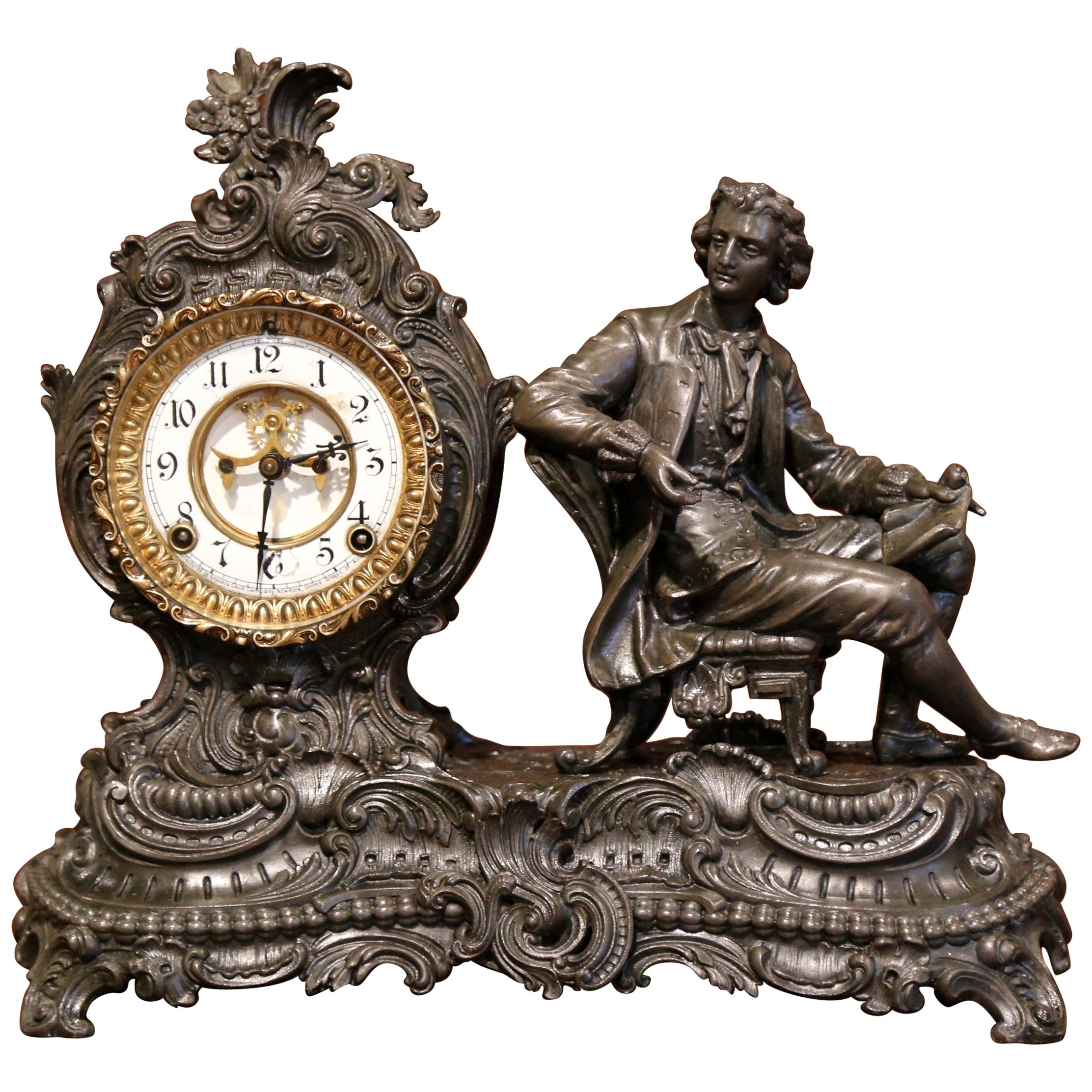 19th Century Patinated Spelter Mantel Clock Statue by Ansonia Clock Company