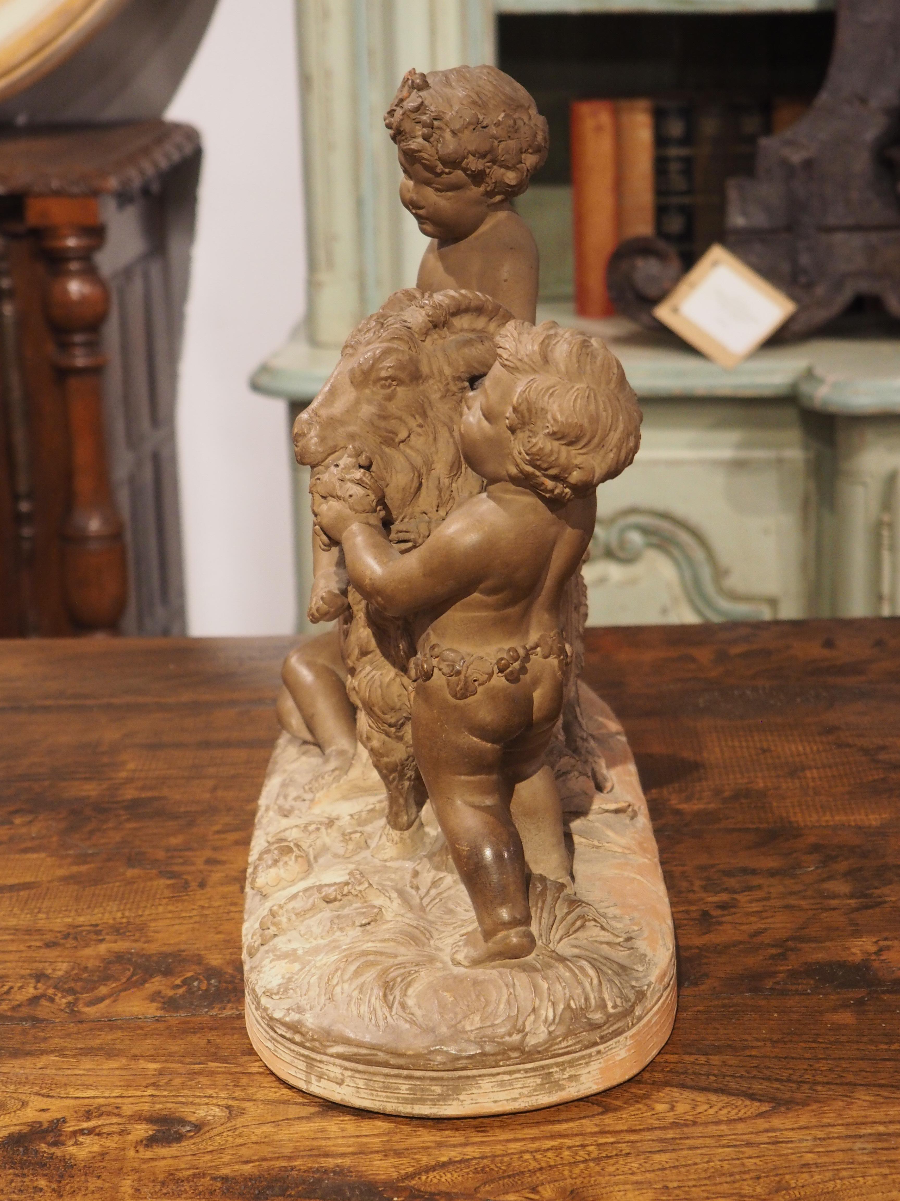 19th Century Patinated Terra Cotta of Bacchanalian Putti Playing with Goat For Sale 6