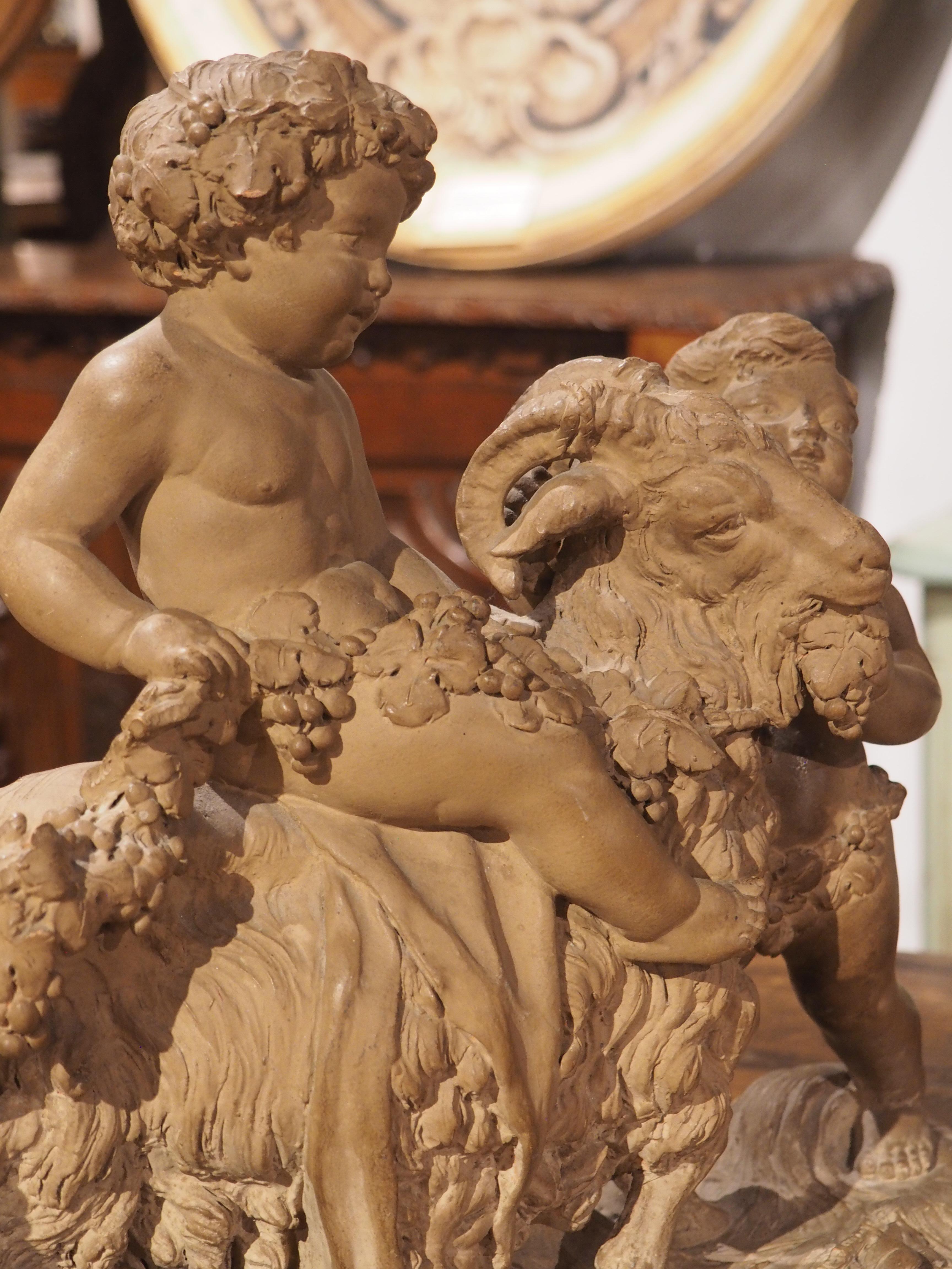 19th Century Patinated Terra Cotta of Bacchanalian Putti Playing with Goat For Sale 11