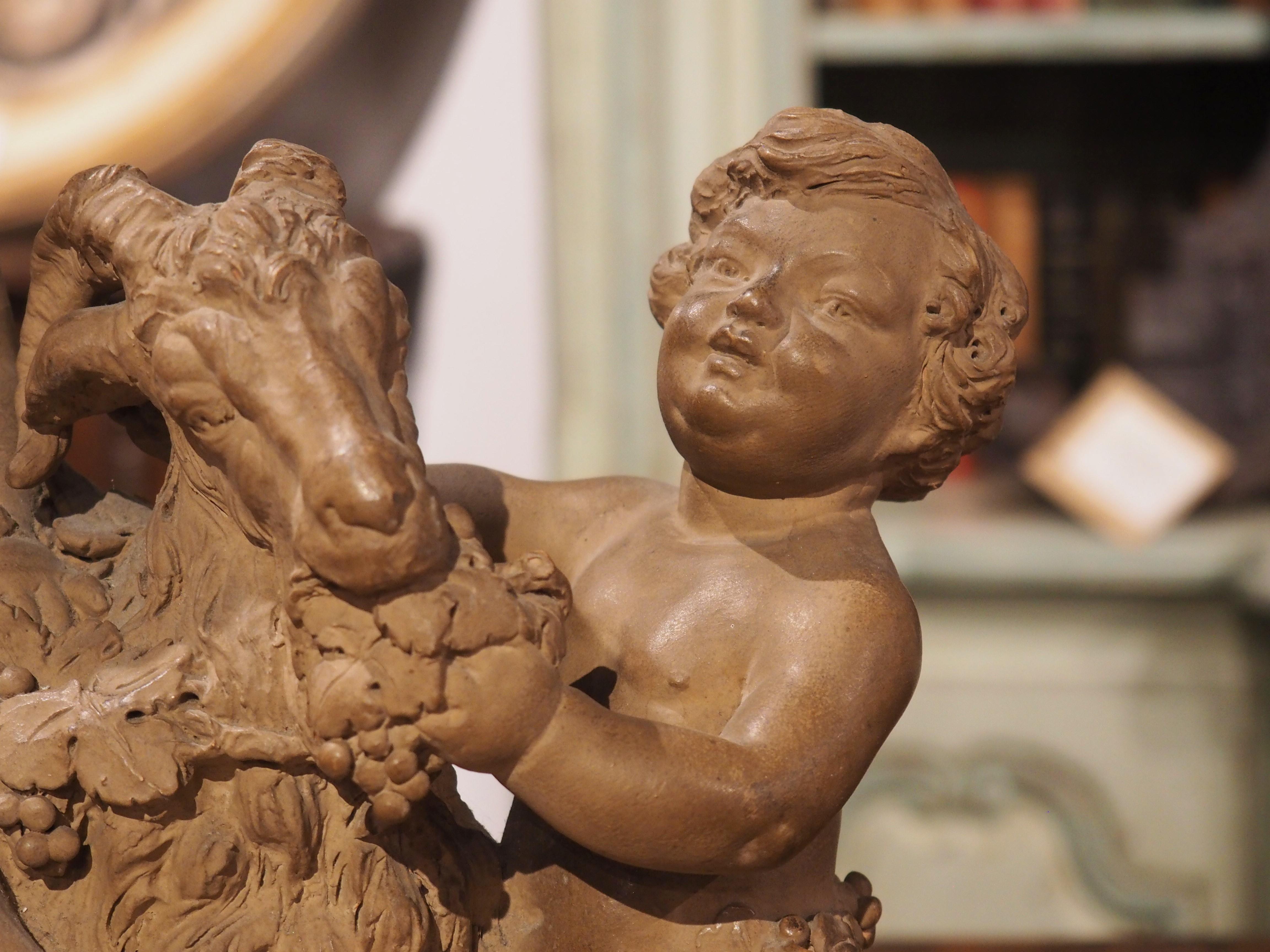 19th Century Patinated Terra Cotta of Bacchanalian Putti Playing with Goat For Sale 1