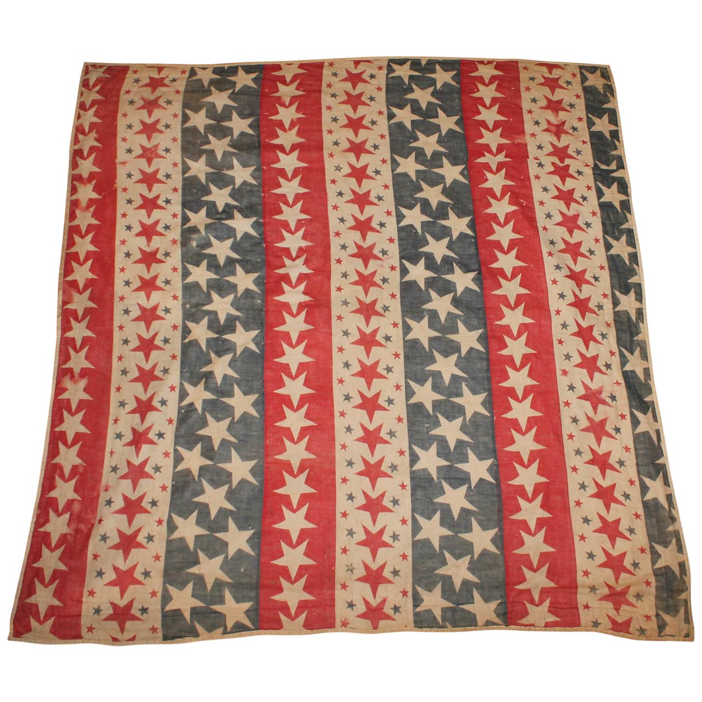 19th Century Patriotic Bunting Stars Tied Quilt Dated 1898