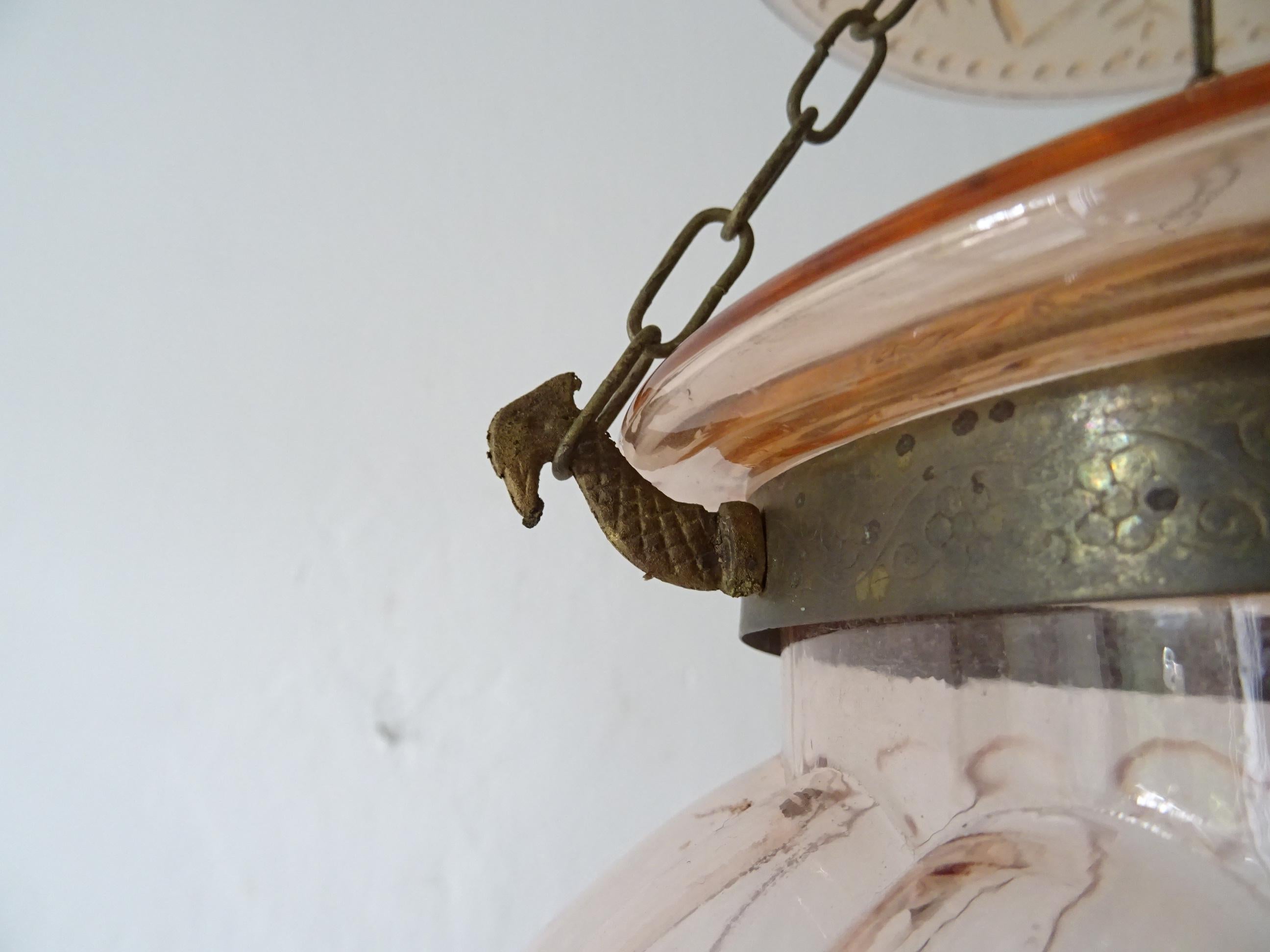 19th Century Peach Pink English Bell Jar Lantern Chandelier 2