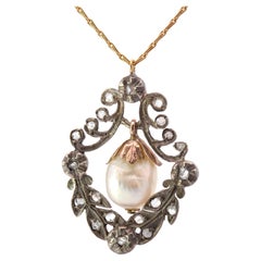 19th century pearl and roses cut diamonds pendant necklace