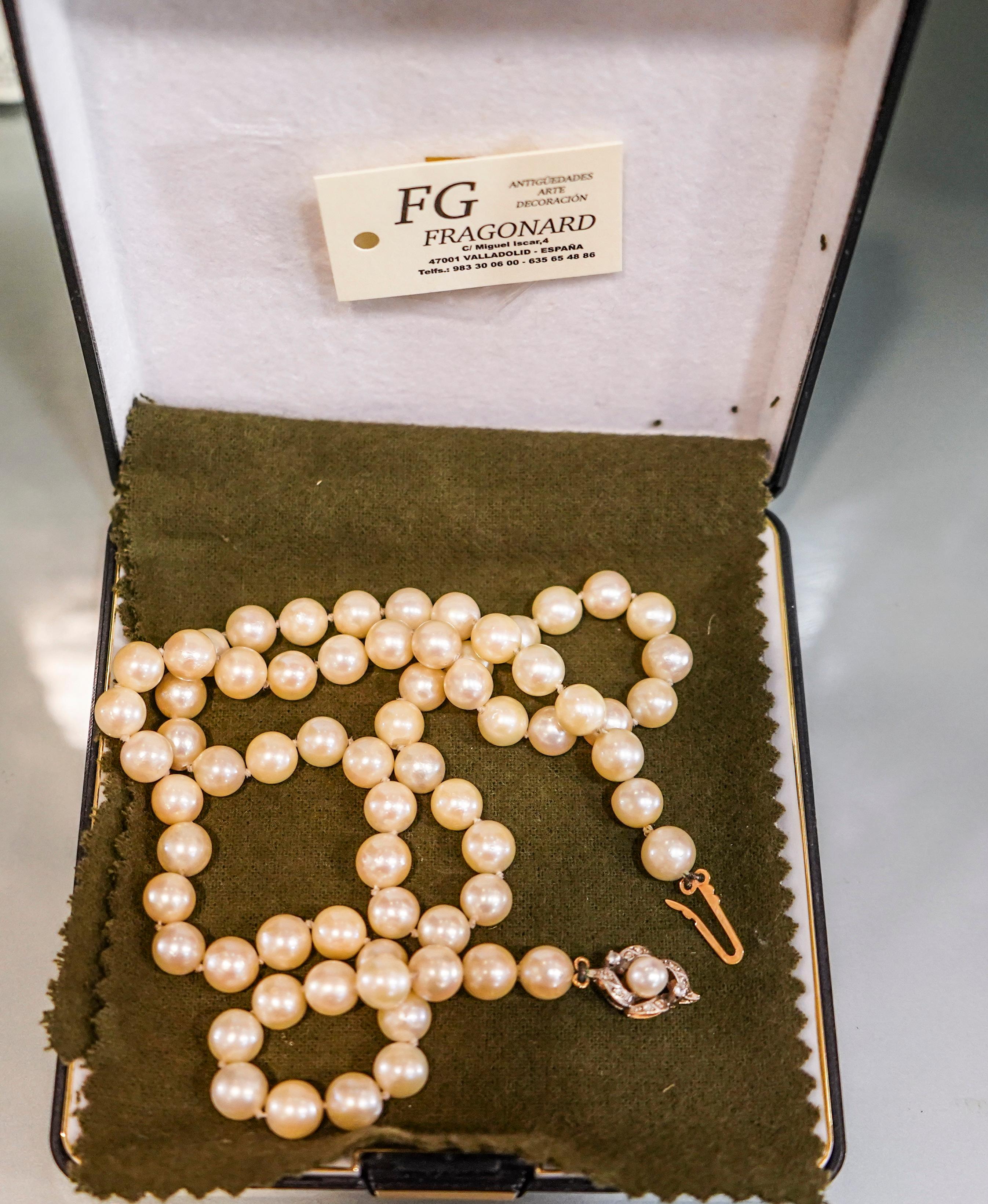 Hand-Crafted 19th Century Pearl Necklace and Brooch Ingold and Diamonds Cut Brilliant