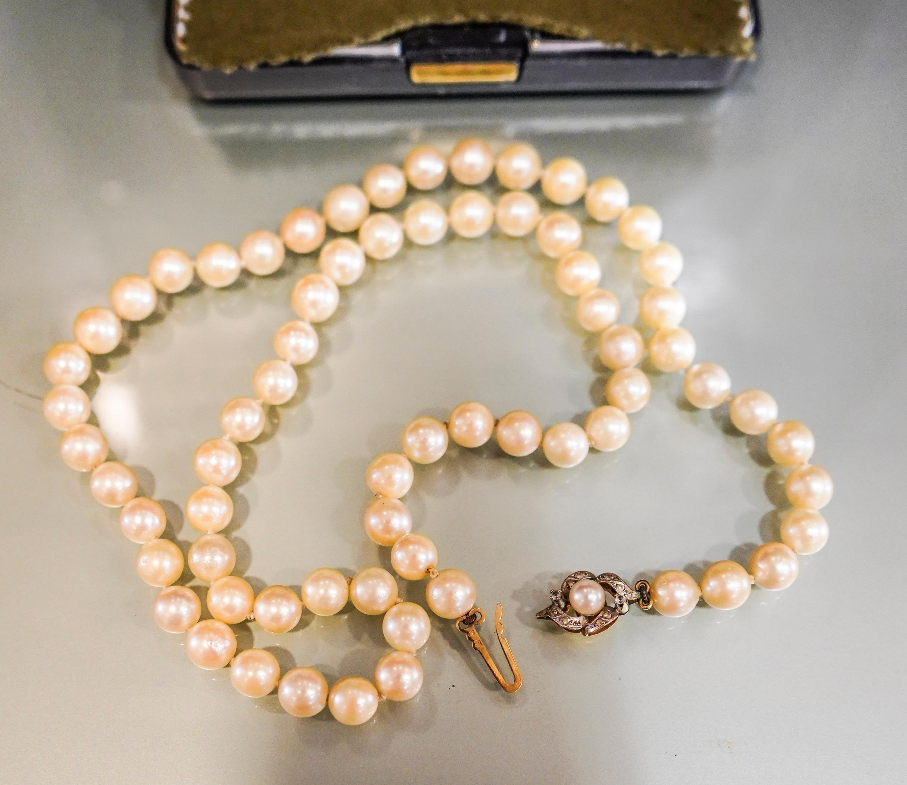 19th Century Pearl Necklace and Brooch Ingold and Diamonds Cut Brilliant In Distressed Condition In Valladolid, ES