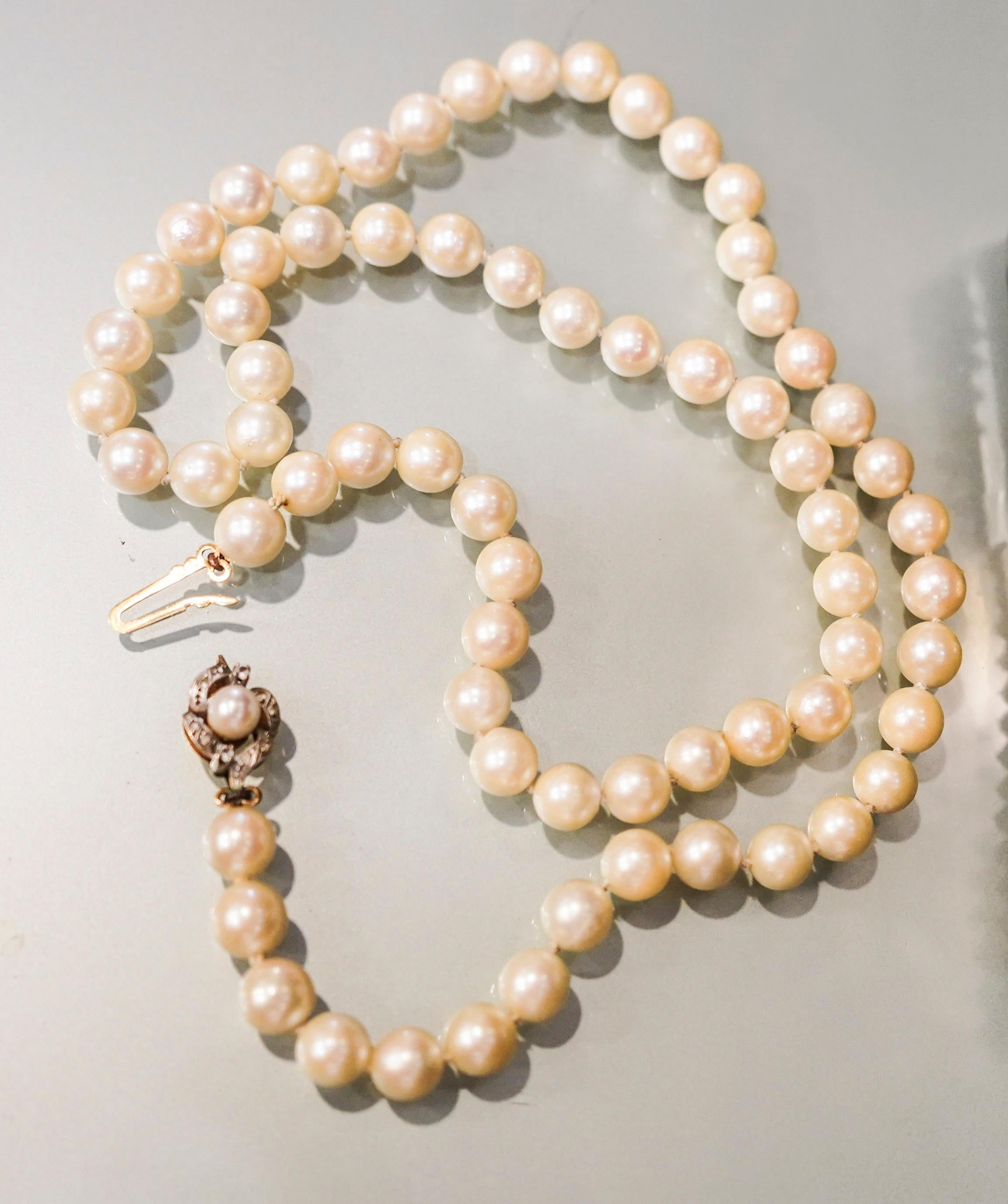 Late 19th Century 19th Century Pearl Necklace and Brooch Ingold and Diamonds Cut Brilliant