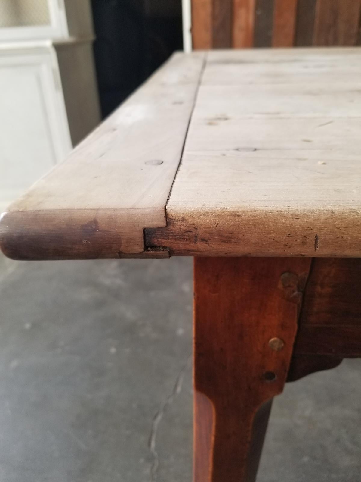 19th Century Pegged Farm Table with Natural Plank Top, Two Utensil Drawers 7