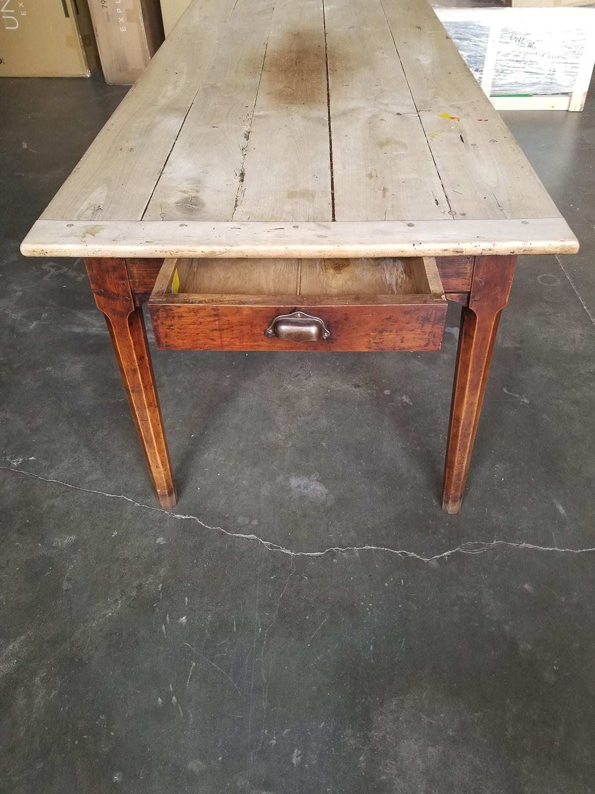 19th Century Pegged Farm Table with Natural Plank Top, Two Utensil Drawers 8