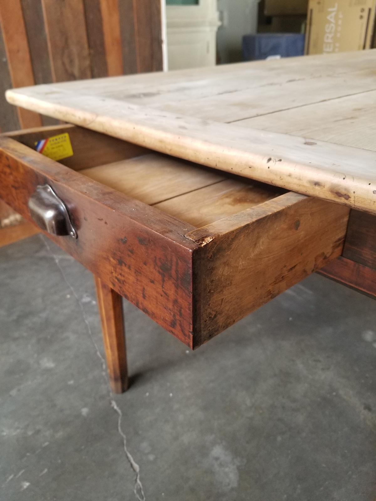 19th Century Pegged Farm Table with Natural Plank Top, Two Utensil Drawers 9