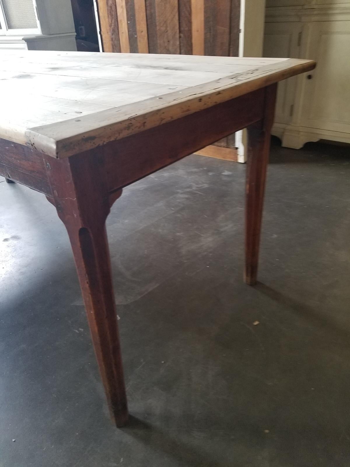 19th Century Pegged Farm Table with Natural Plank Top, Two Utensil Drawers 11