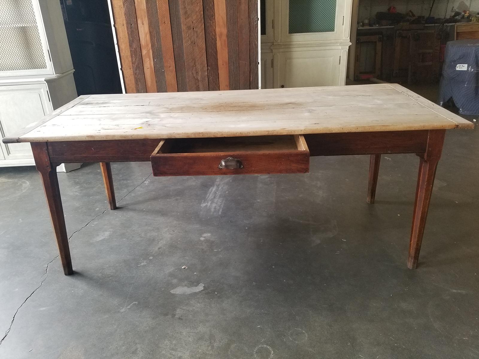19th Century Pegged Farm Table with Natural Plank Top, Two Utensil Drawers 12