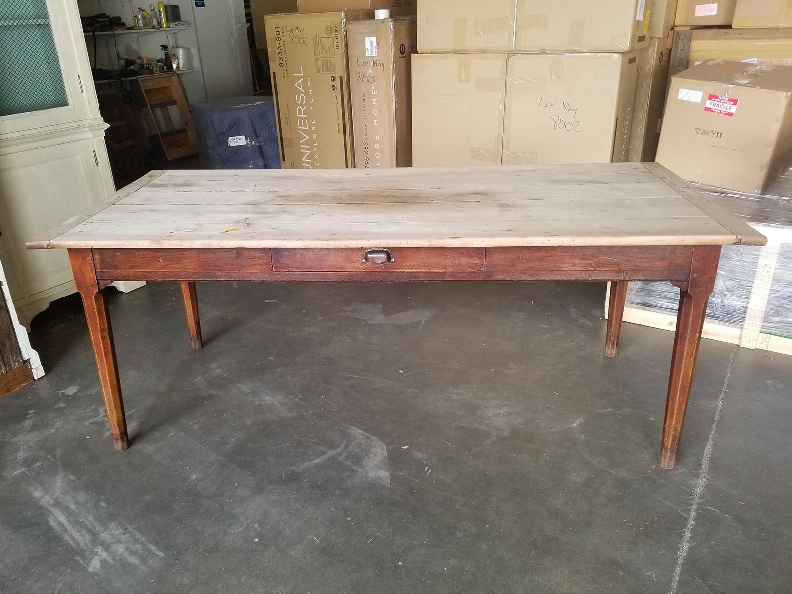 Wood 19th Century Pegged Farm Table with Natural Plank Top, Two Utensil Drawers