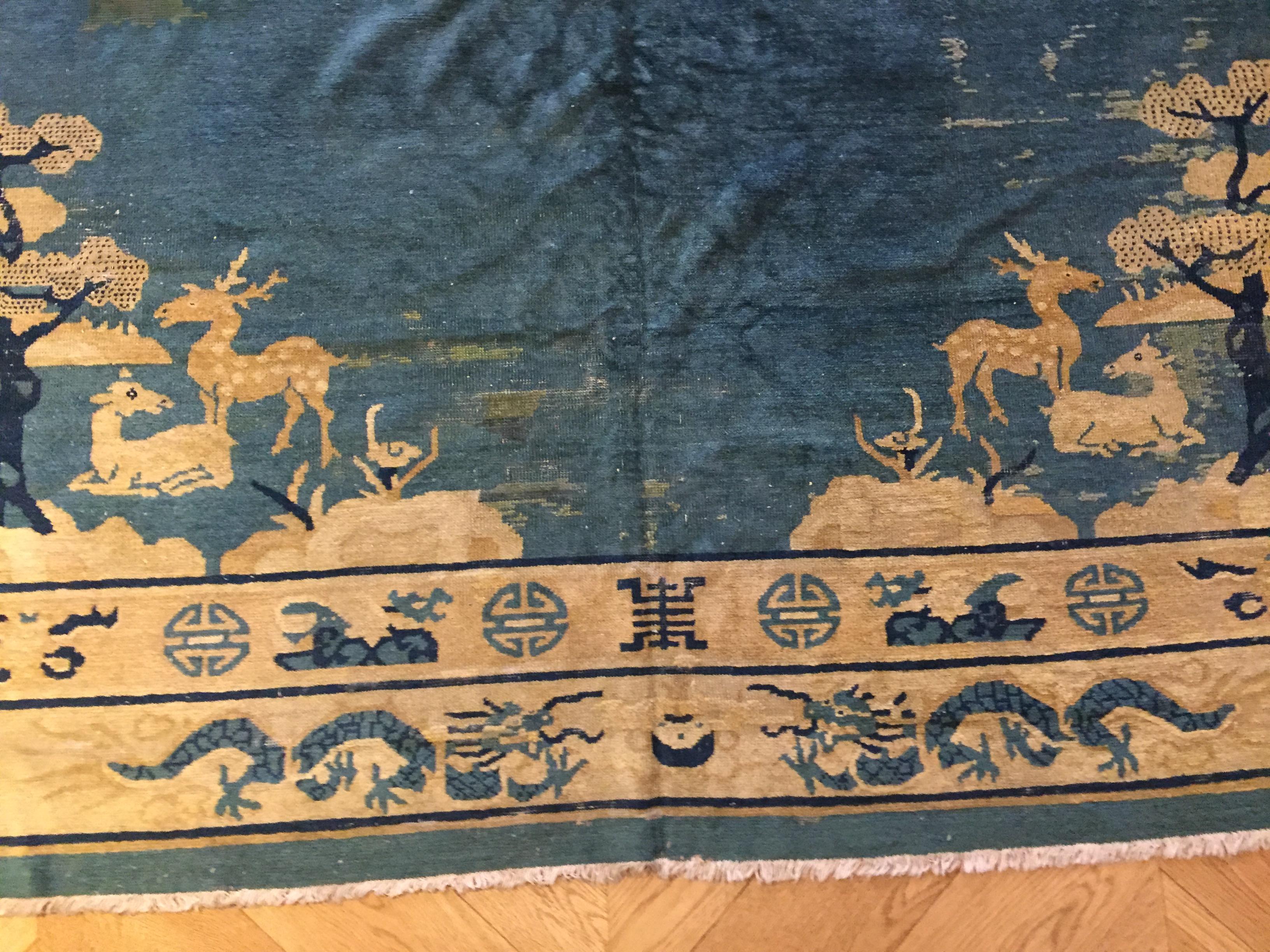 19th Century Peking Blu Rug with Longevity Deer and Dragons, ca 1870 For Sale 5