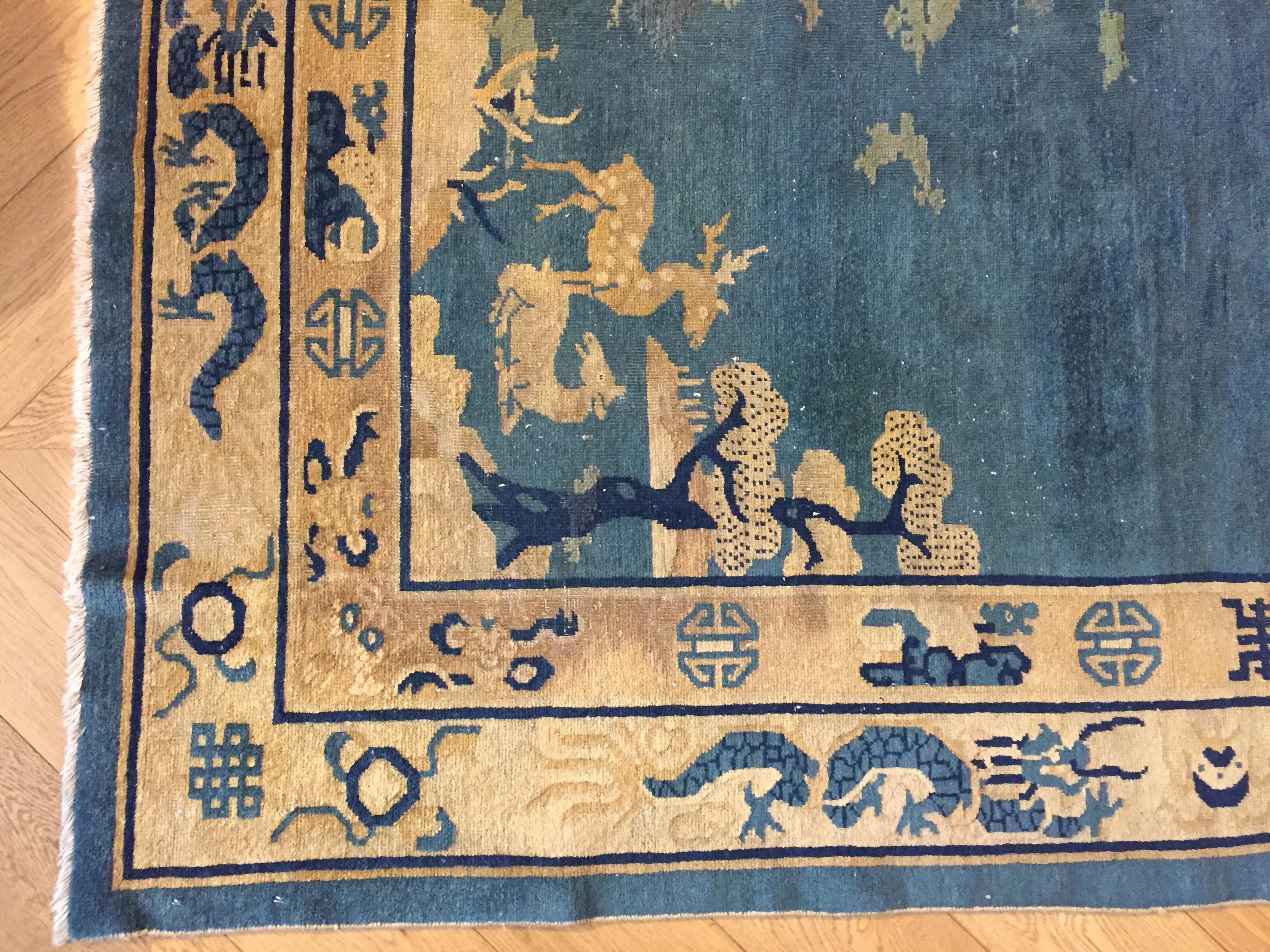 Chinoiserie 19th Century Peking Blu Rug with Longevity Deer and Dragons, ca 1870 For Sale