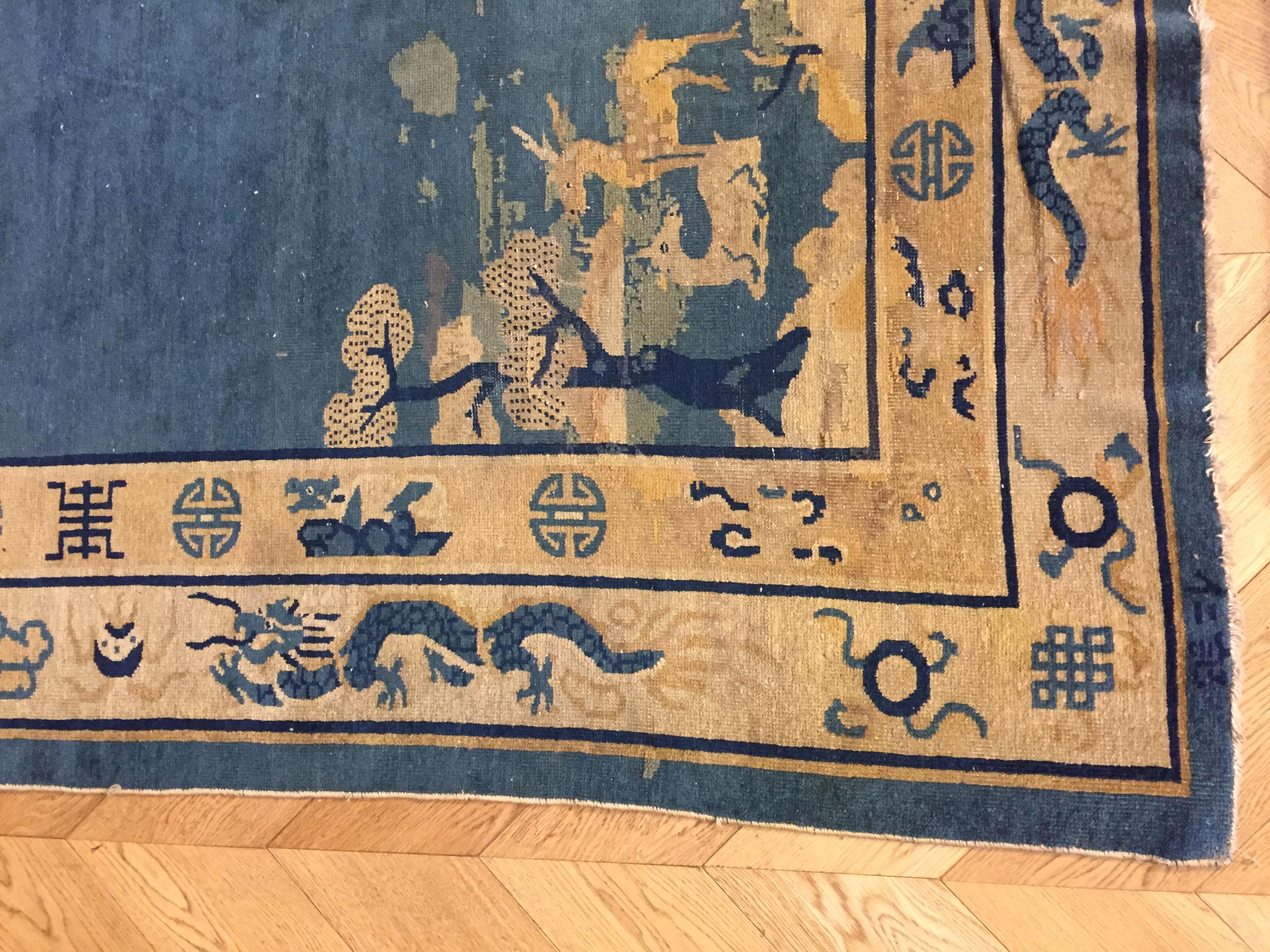Chinese 19th Century Peking Blu Rug with Longevity Deer and Dragons, ca 1870 For Sale