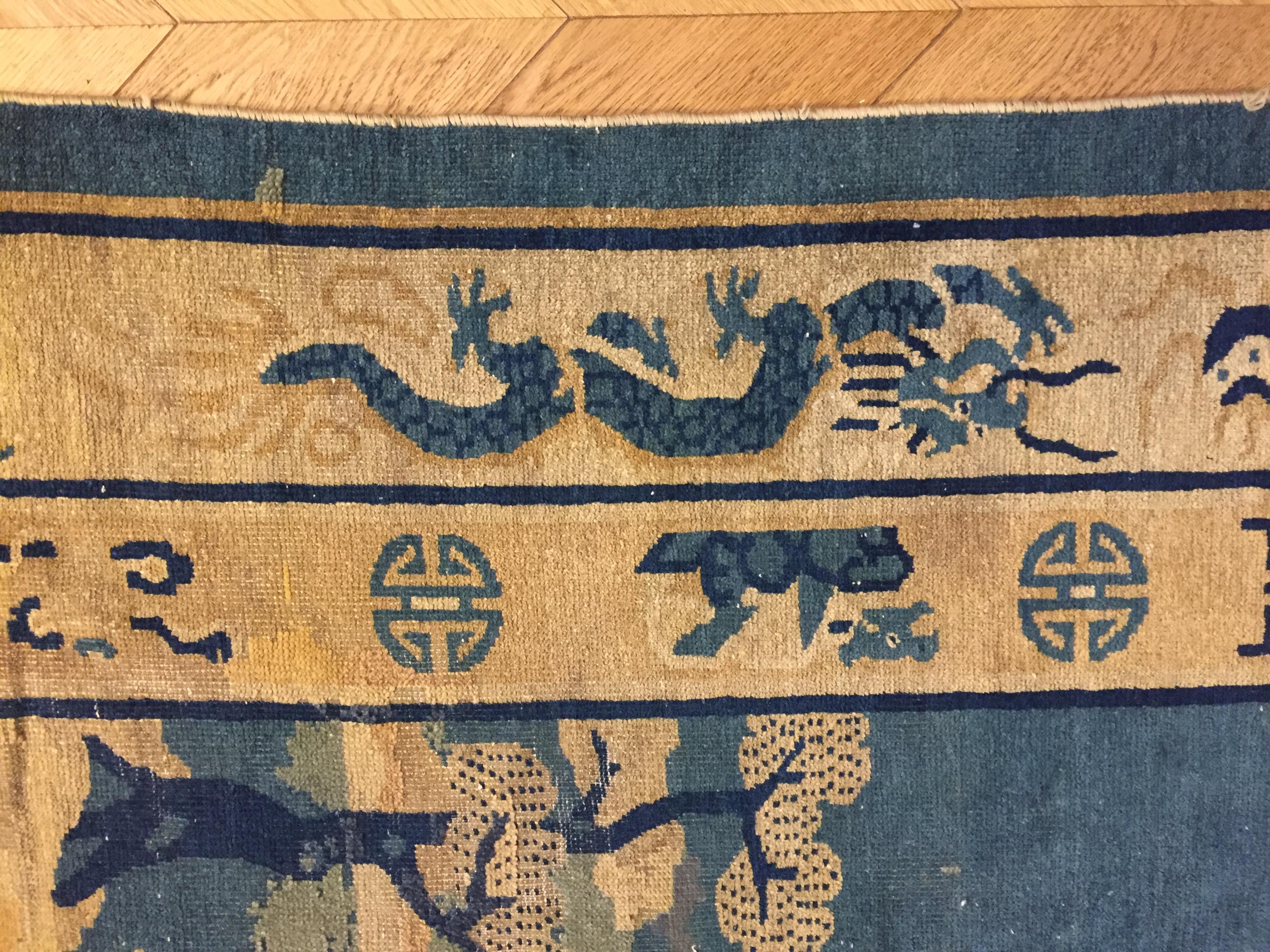 Hand-Knotted 19th Century Peking Blu Rug with Longevity Deer and Dragons, ca 1870 For Sale