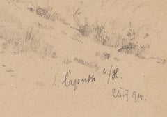 19th Century Pencil Drawing of a Figure on a Path with a Windmill Beyond