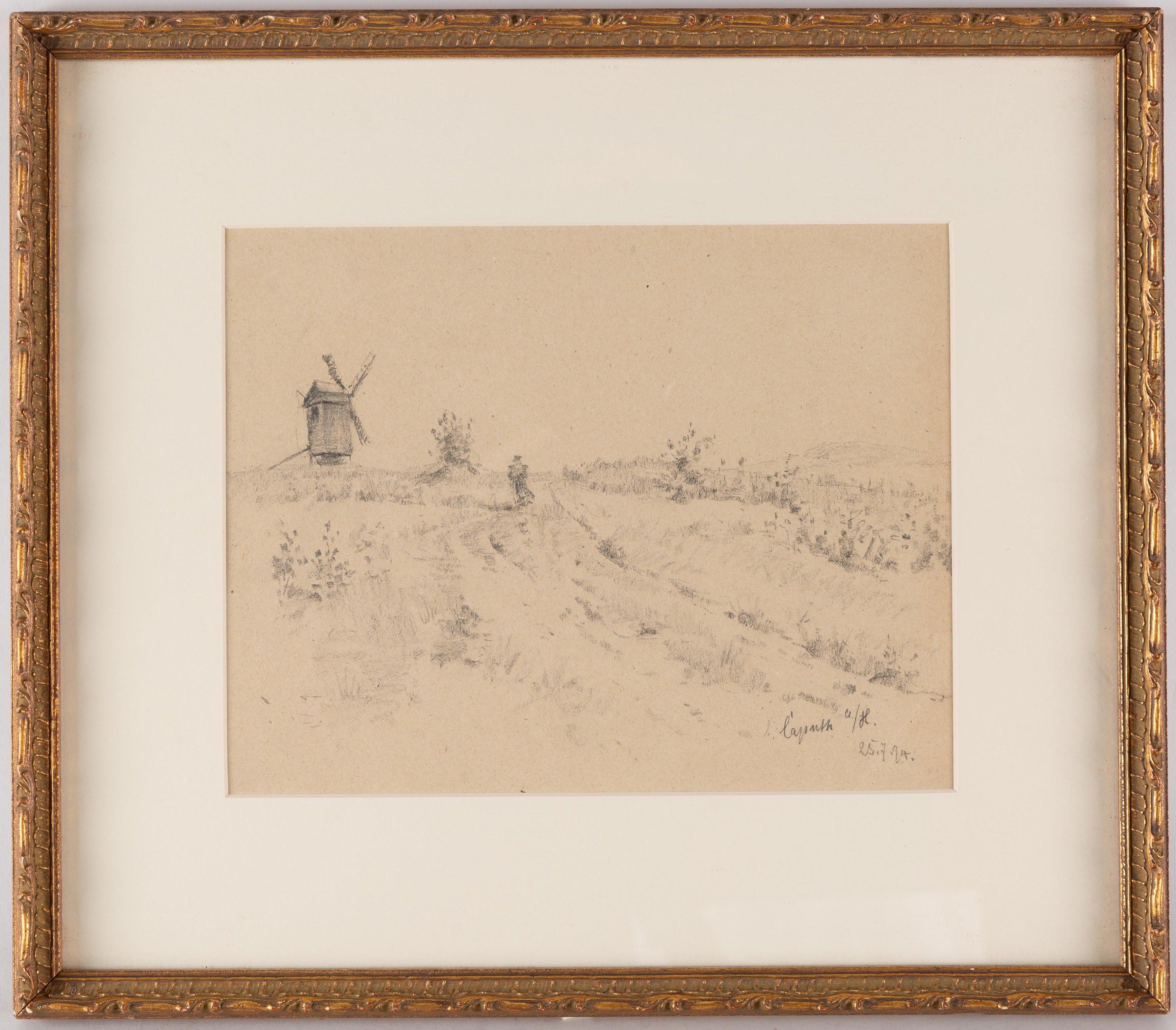 French 19th Century Pencil Drawing of a Figure on a Path with a Windmill Beyond For Sale