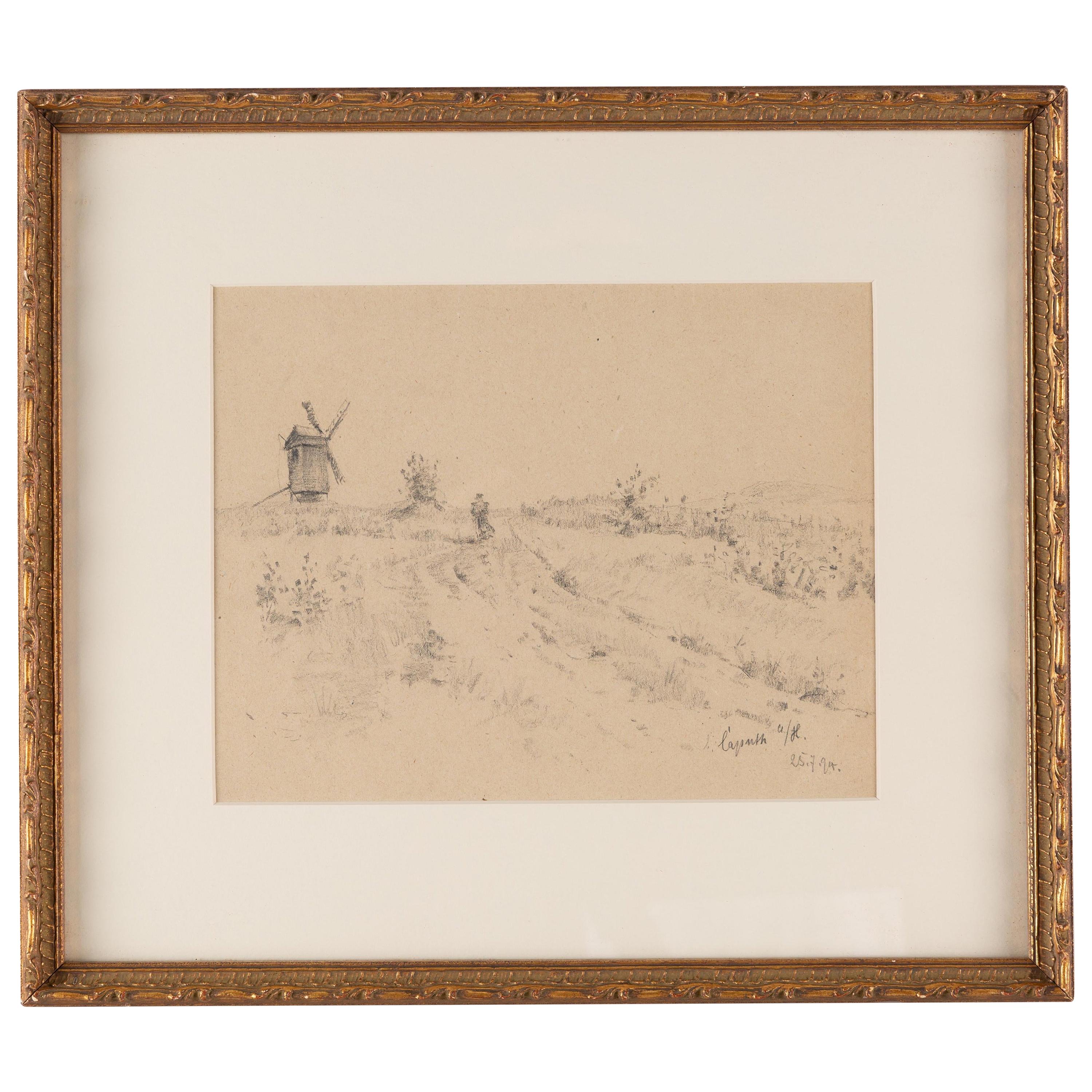 19th Century Pencil Drawing of a Figure on a Path with a Windmill Beyond For Sale
