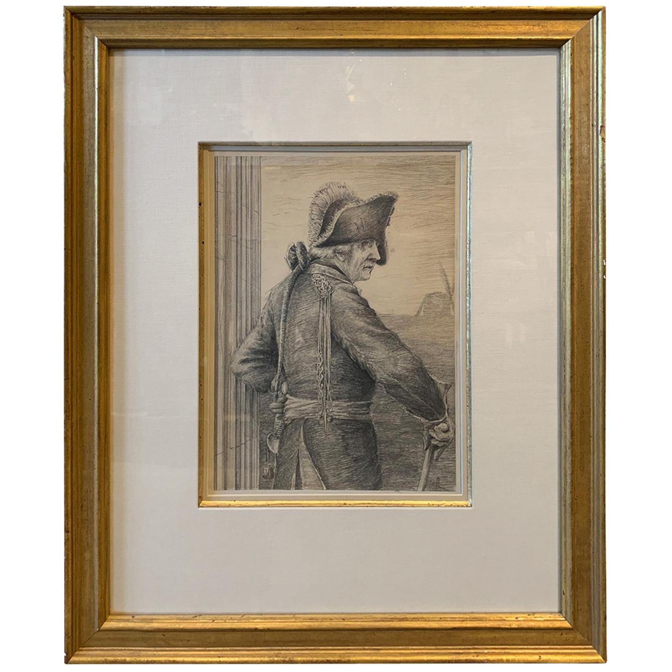 19th Century Pencil Drawing of French Soldier, Unsigned For Sale