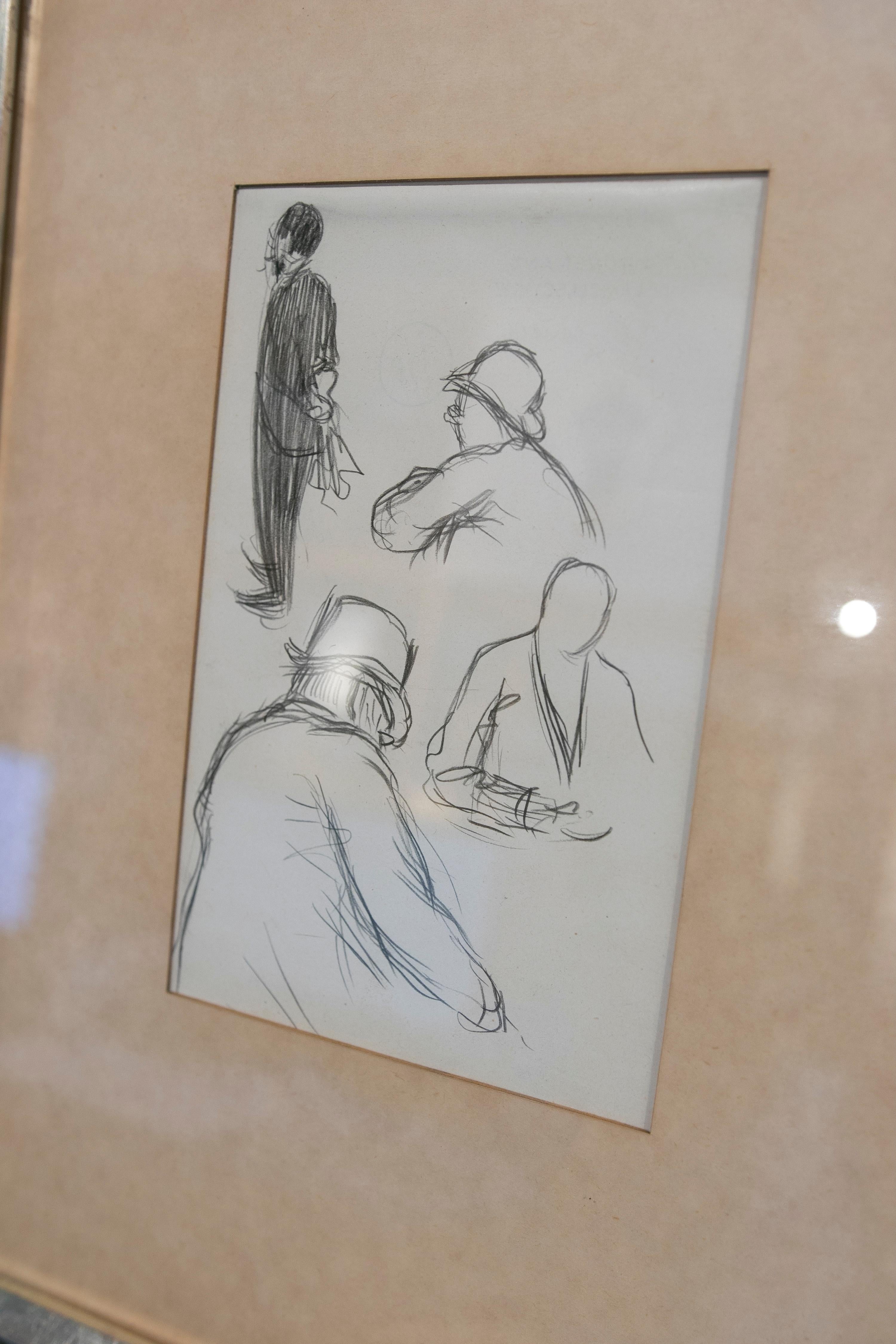 Bleistiftmalerei von Charakteren von Henry James Edouard EVENPOEL aus dem 19. Jahrhundert im Zustand „Gut“ im Angebot in Marbella, ES