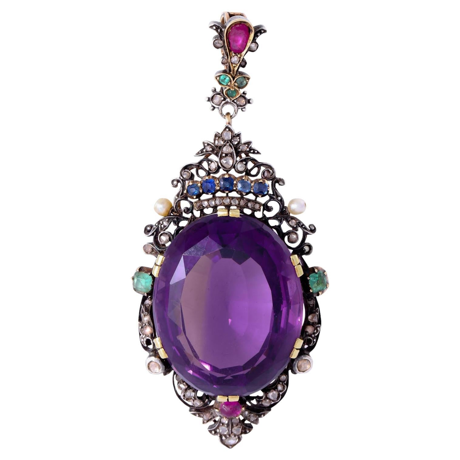 19th Century Pendant Featuring an 45ct Amethyst under a Sapphire Crown For Sale