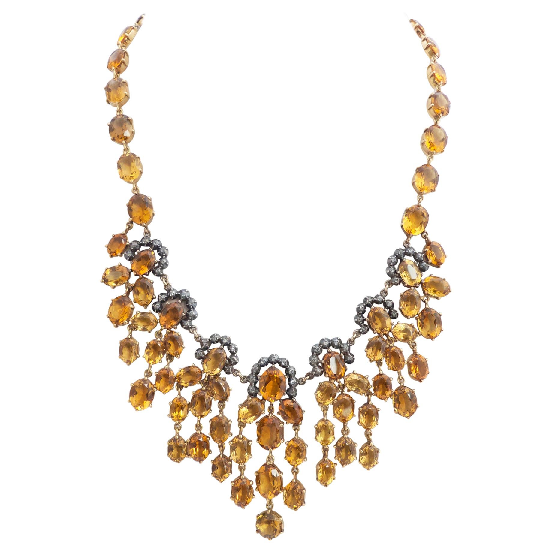 19th Century Pendant Necklace in Rose Gold, Silver and Yellow Topazes & Diamonds For Sale