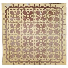 Antique 19th Century Pennsylvania Hand-Stitched Quilt with Block Flowers, Draped Tassels