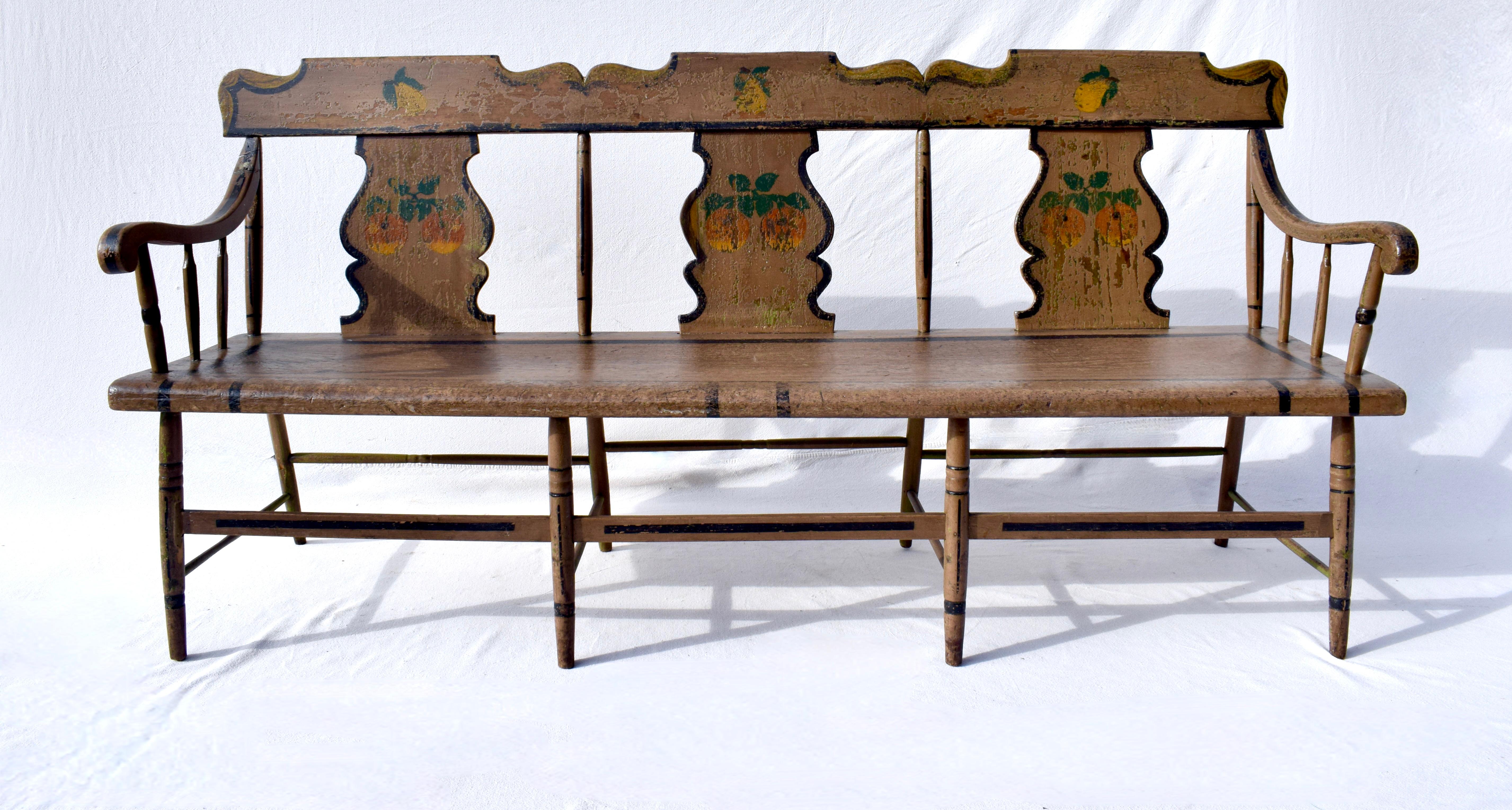 Pennsylvania single board plank seat bench settee, 19th c. of Pine & Poplar enhanced with new custom  cushion. The bench is professionally restored with re -glued joinery, sanded with careful attention to expose original hand painted details whilst