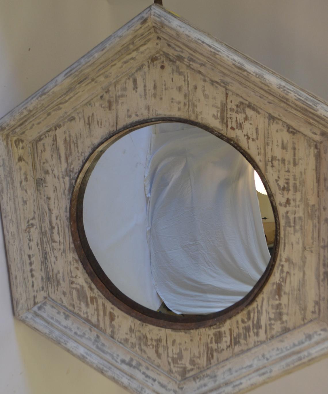 French 19th Century Pentagonal Signal Mirror in Weathered Antique Frame For Sale
