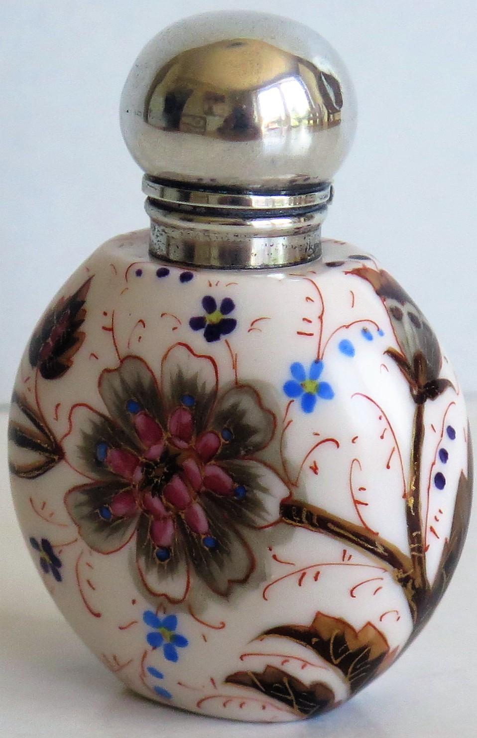 Metal 19th Century Perfume or Scent Bottle Porcelain Hand-Painted Floral, Victorian