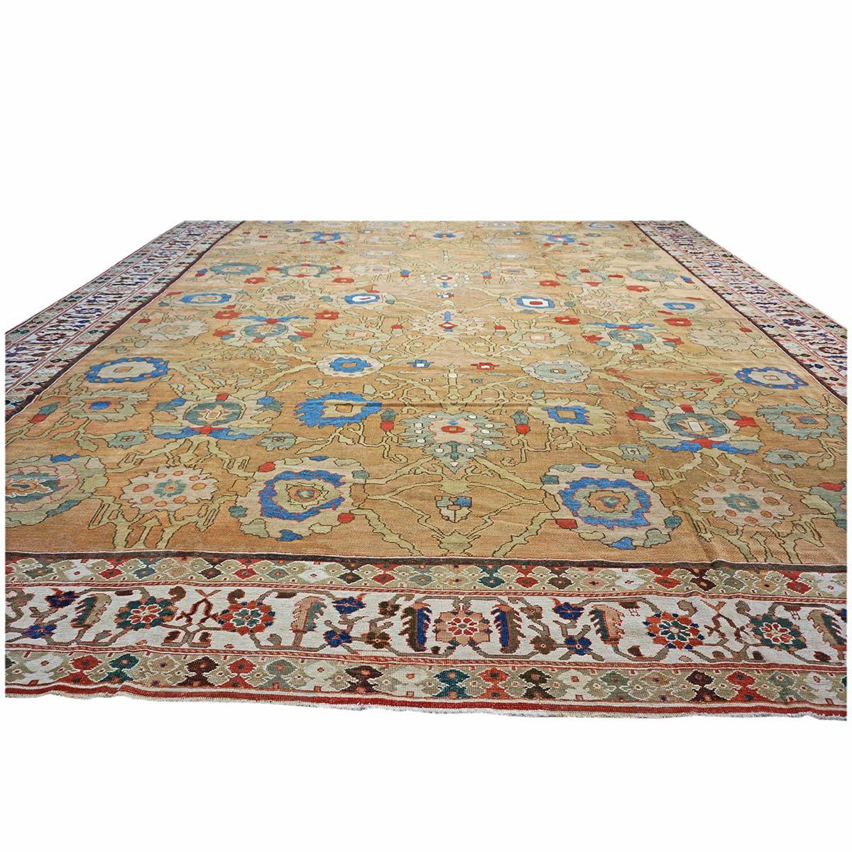Perse Tapis persan ancien du 19ème siècle Sultanabad 15x19, brun clair, rouille et bleu, fait à la main en vente