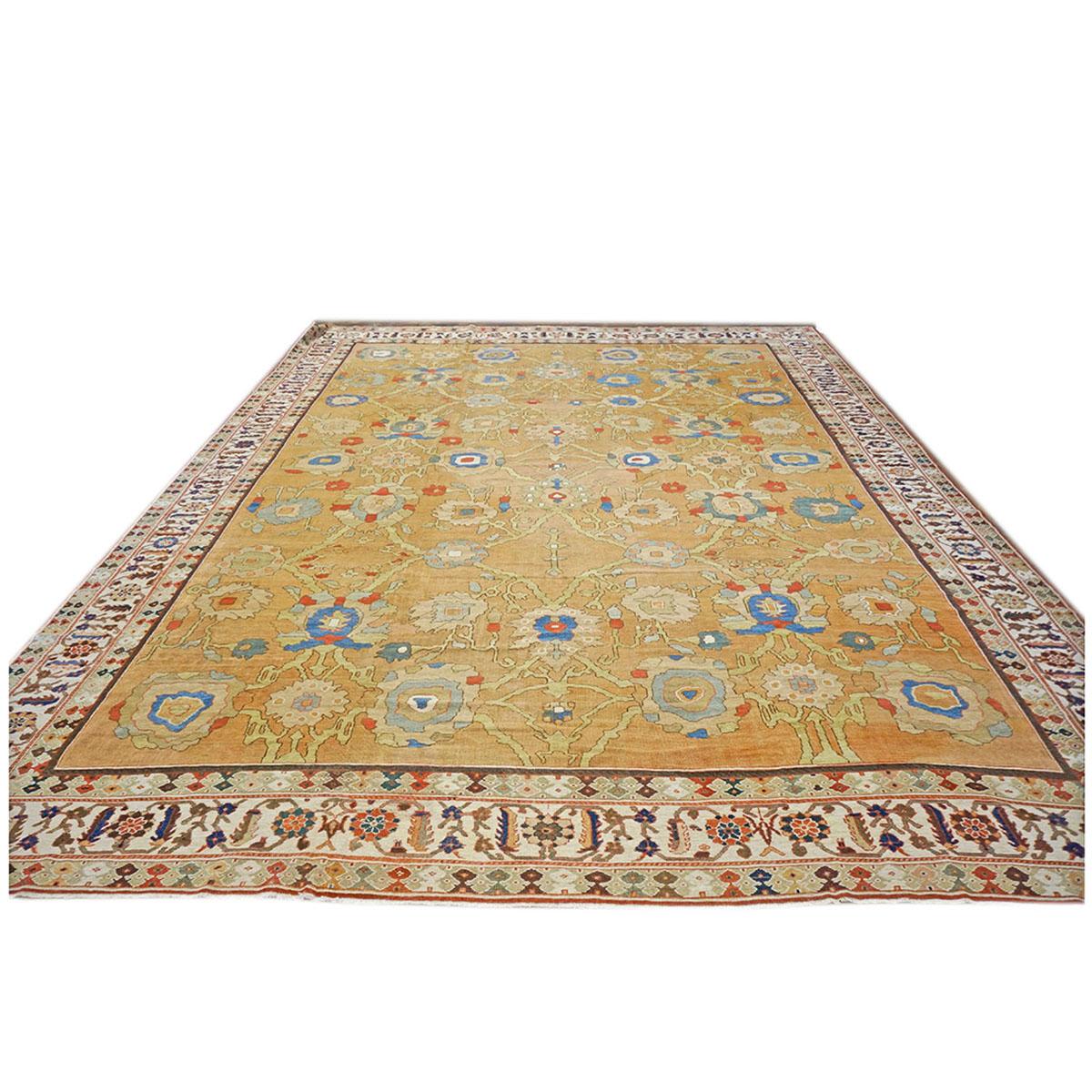 Tissé à la main Tapis persan ancien du 19ème siècle Sultanabad 15x19, brun clair, rouille et bleu, fait à la main en vente