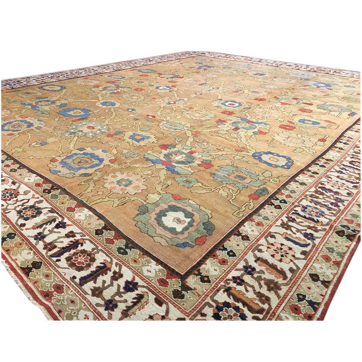 Milieu du XIXe siècle Tapis persan ancien du 19ème siècle Sultanabad 15x19, brun clair, rouille et bleu, fait à la main en vente