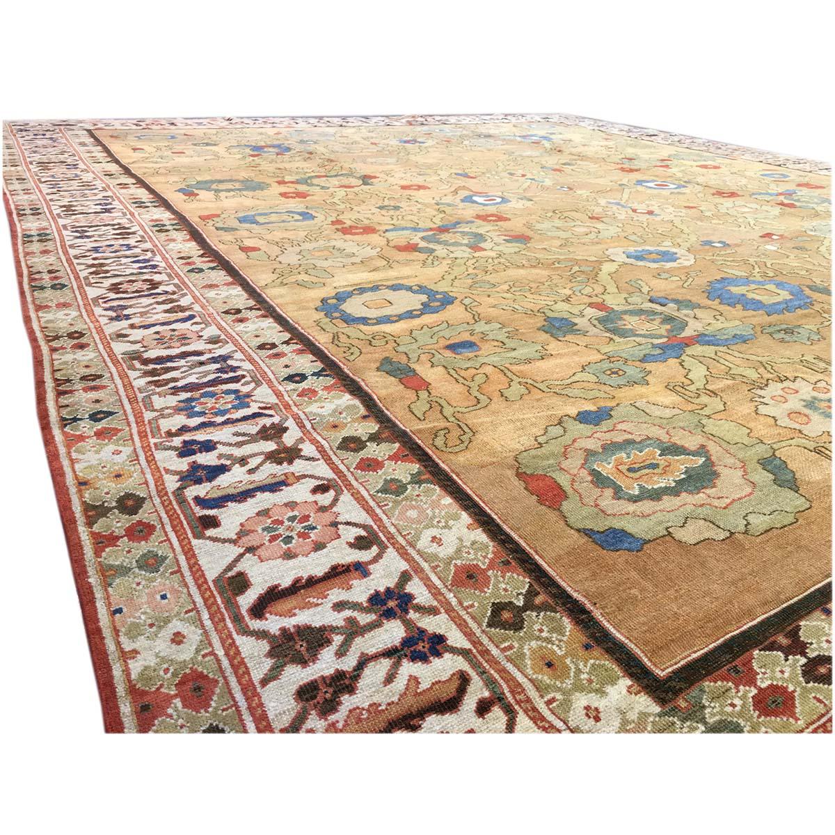 Laine Tapis persan ancien du 19ème siècle Sultanabad 15x19, brun clair, rouille et bleu, fait à la main en vente