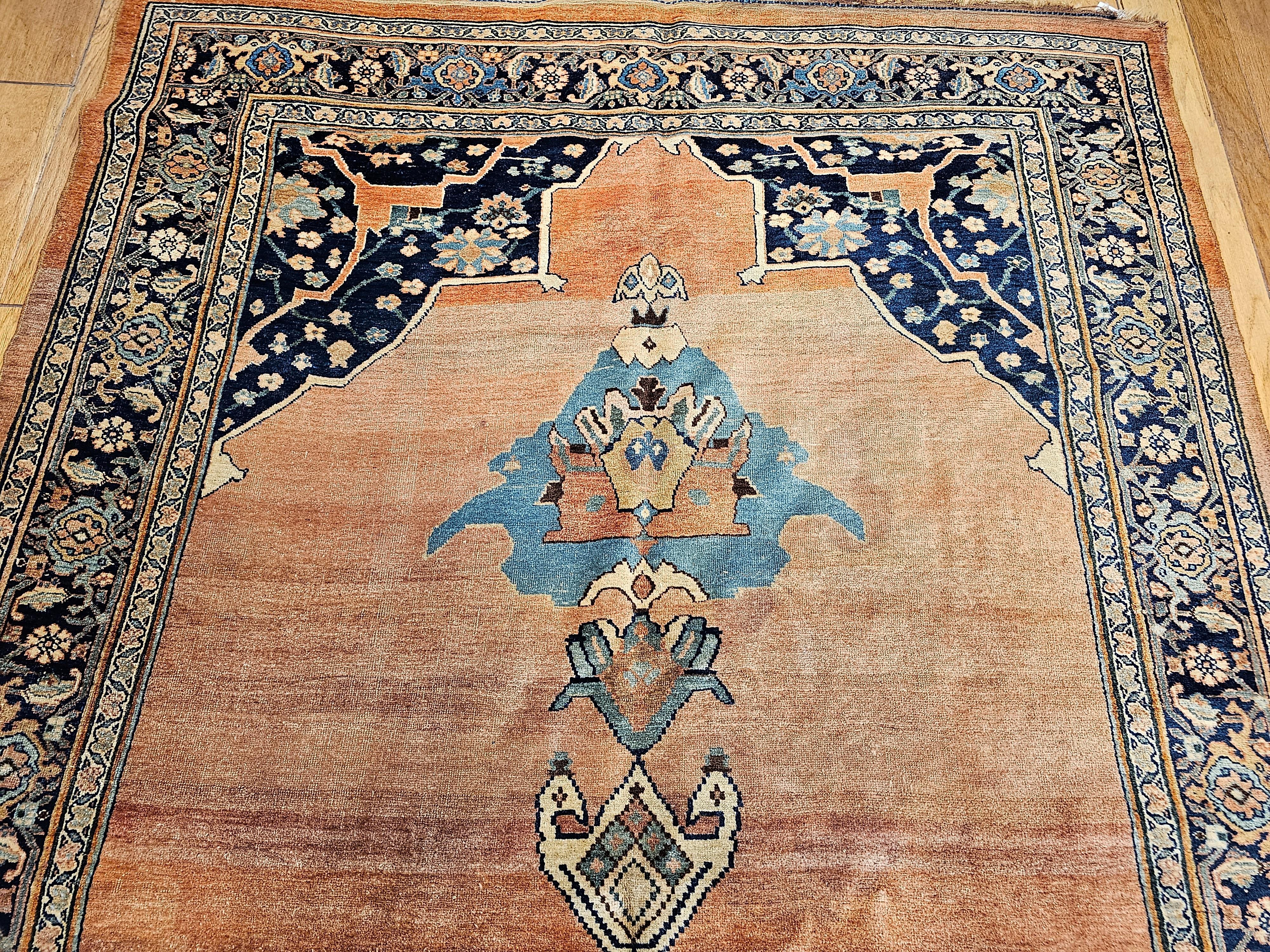 Perse Tapis persan Bidjar Gallery du XIXe siècle en rouge brique, bleu marine, turquoise et jaune en vente