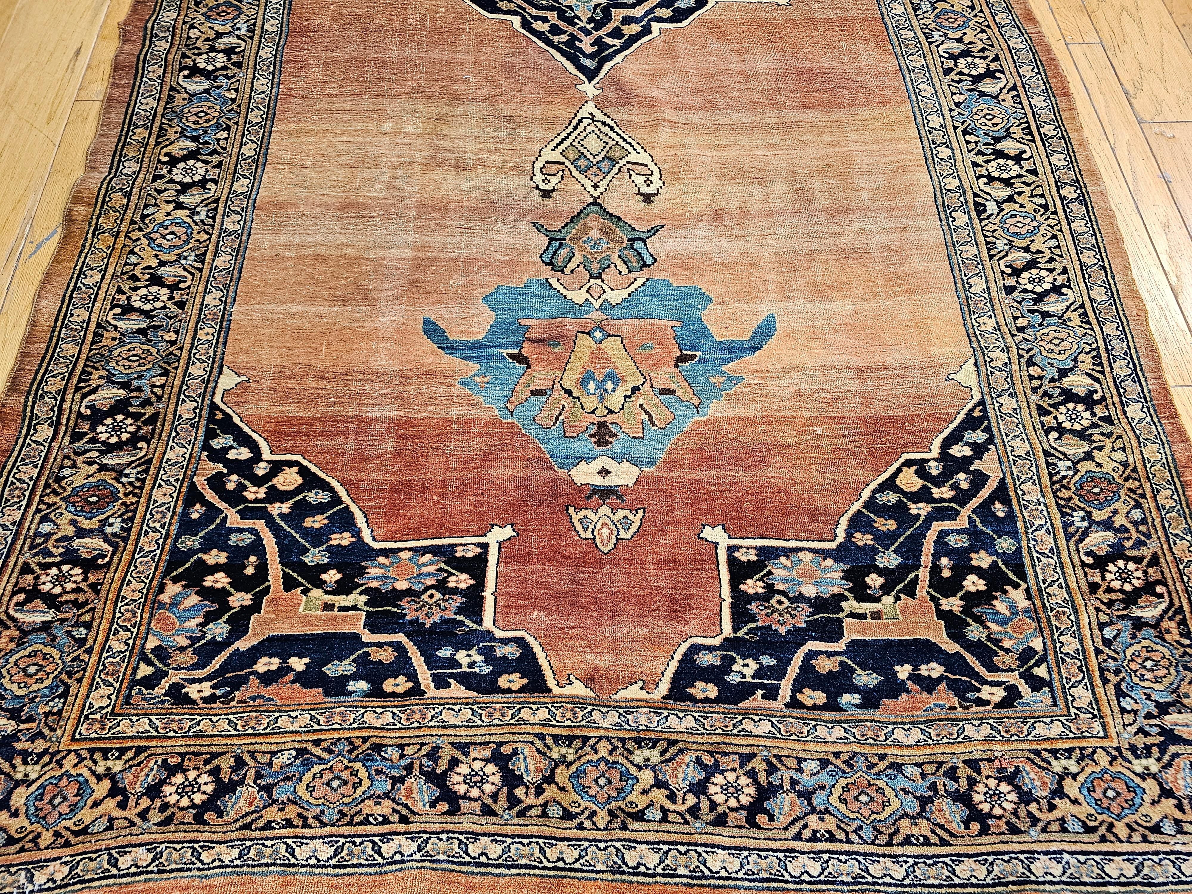 Wool 19th Century Persian Bidjar Gallery Rug in Brick-Red, Navy, Turquoise, Yellow For Sale