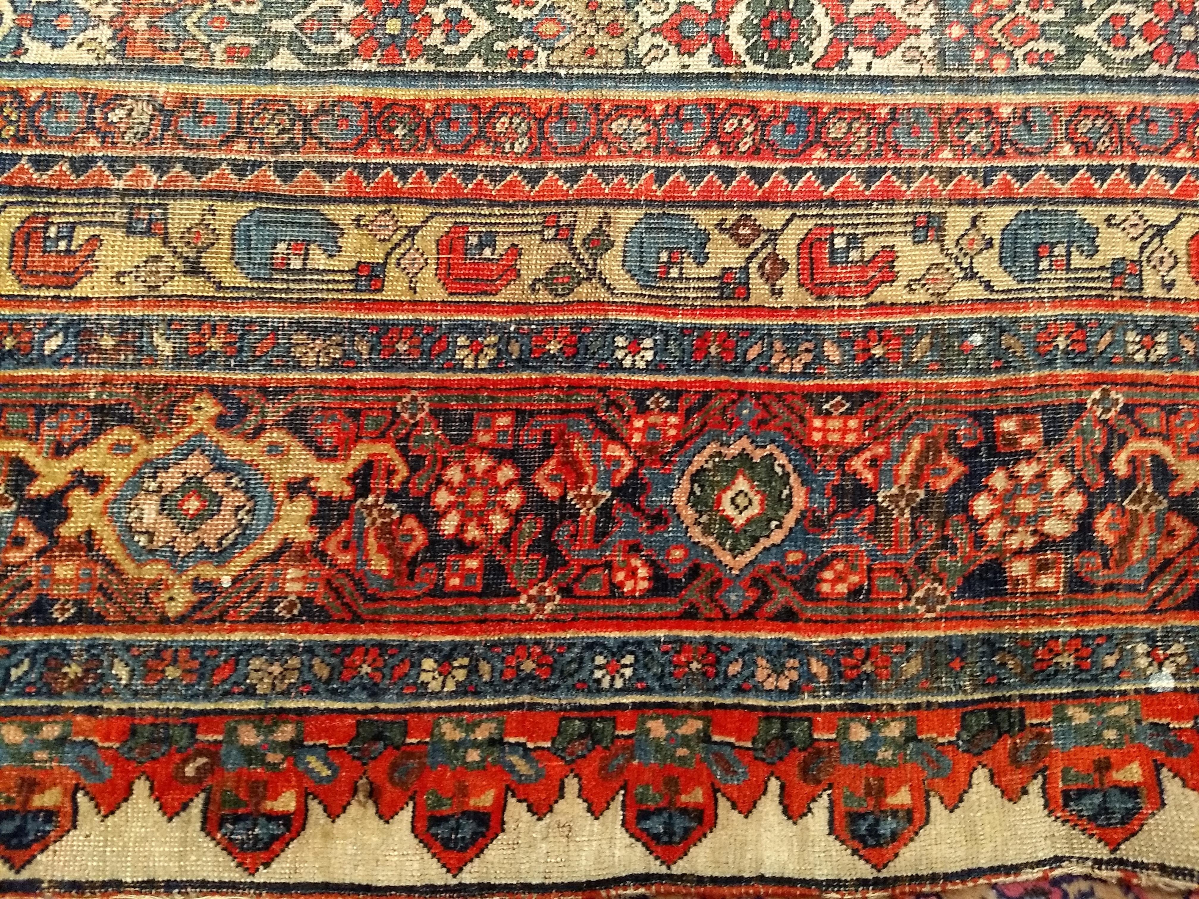 19th Century Persian Bidjar in Herati Geometric Pattern in Ivory, Red, Blue For Sale 5