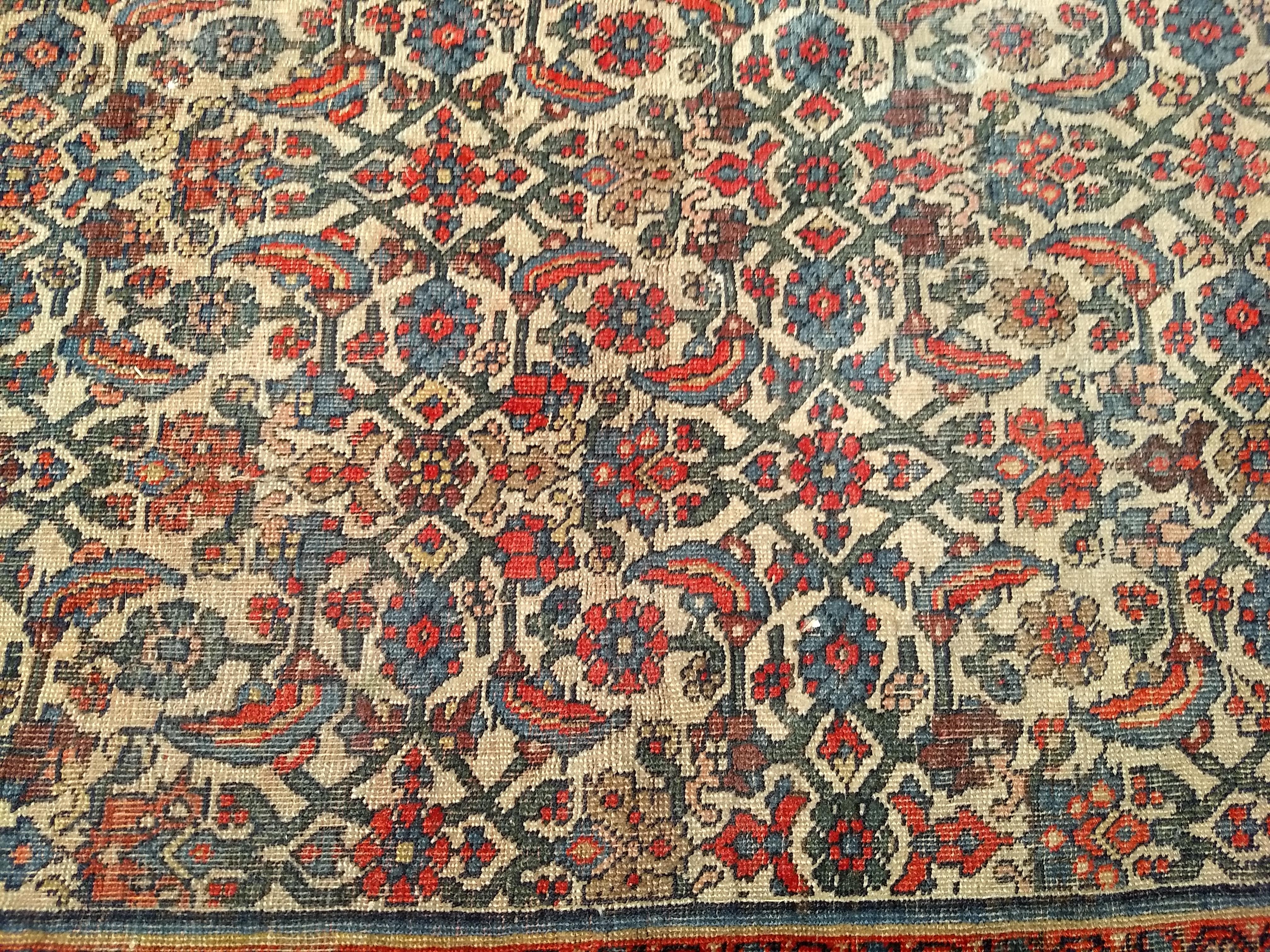 19th Century Persian Bidjar in Herati Geometric Pattern in Ivory, Red, Blue For Sale 6