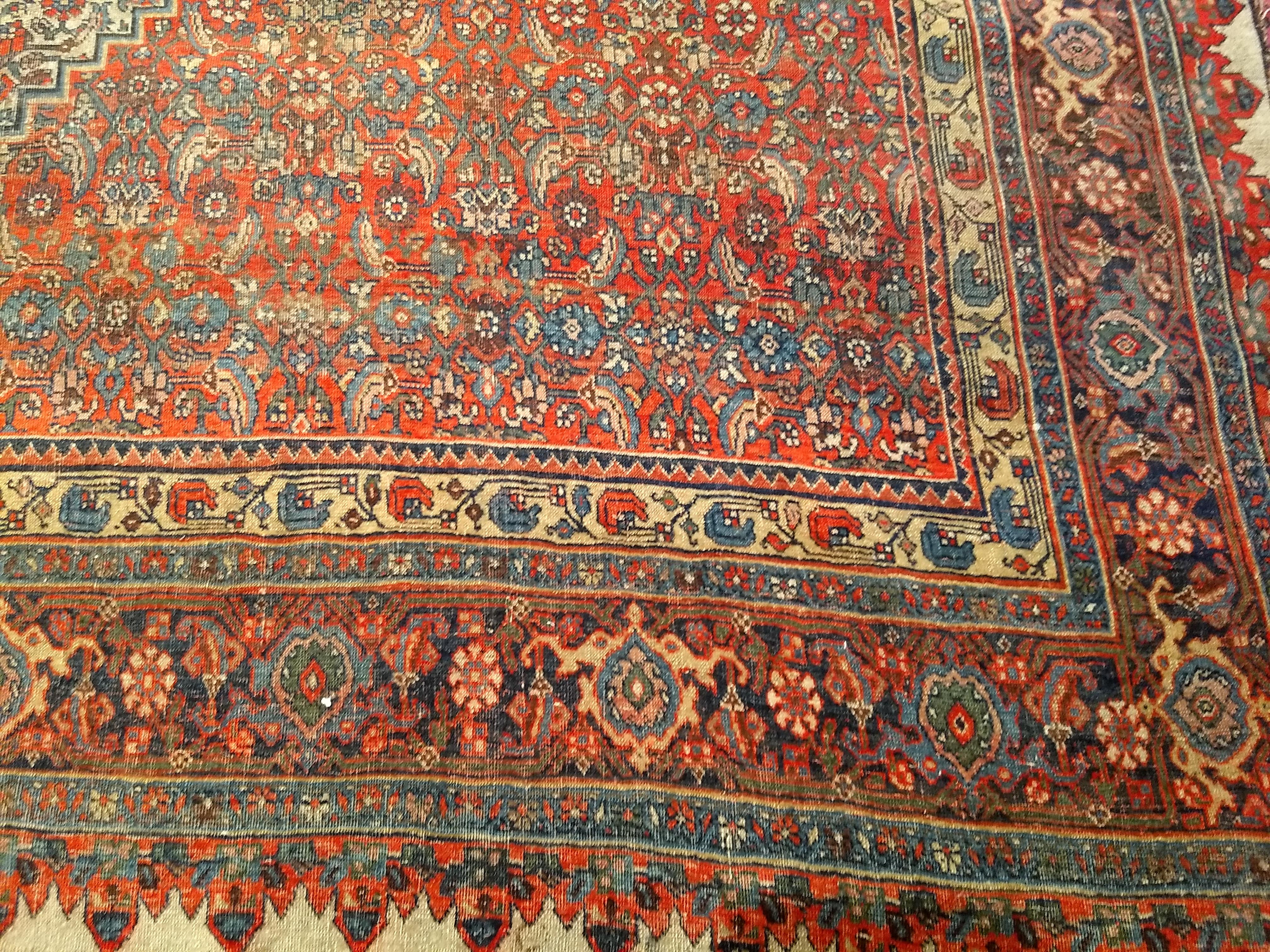 19th Century Persian Bidjar in Herati Geometric Pattern in Ivory, Red, Blue For Sale 7