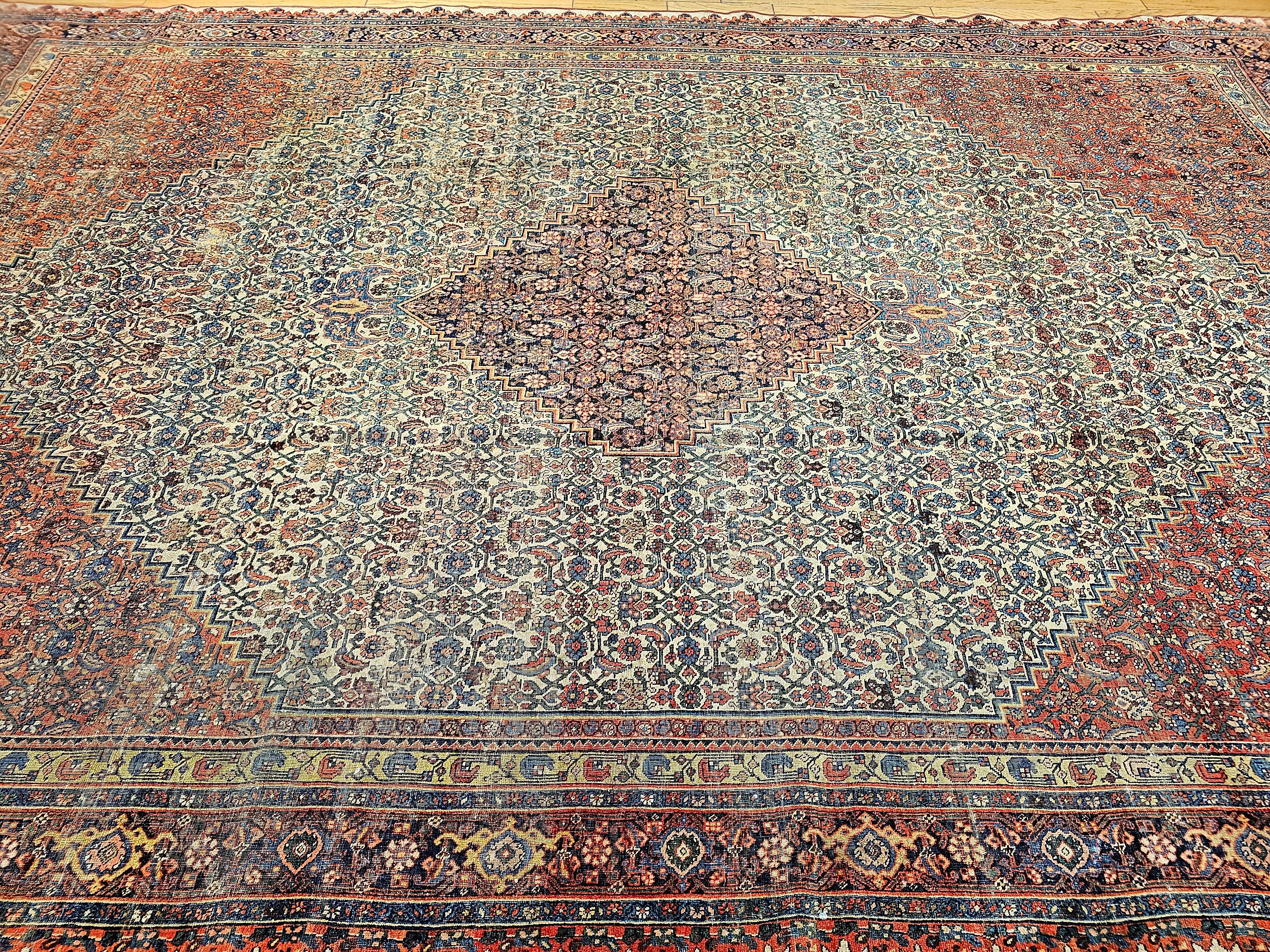 19th Century Persian Bidjar in Herati Geometric Pattern in Ivory, Red, Blue For Sale 9