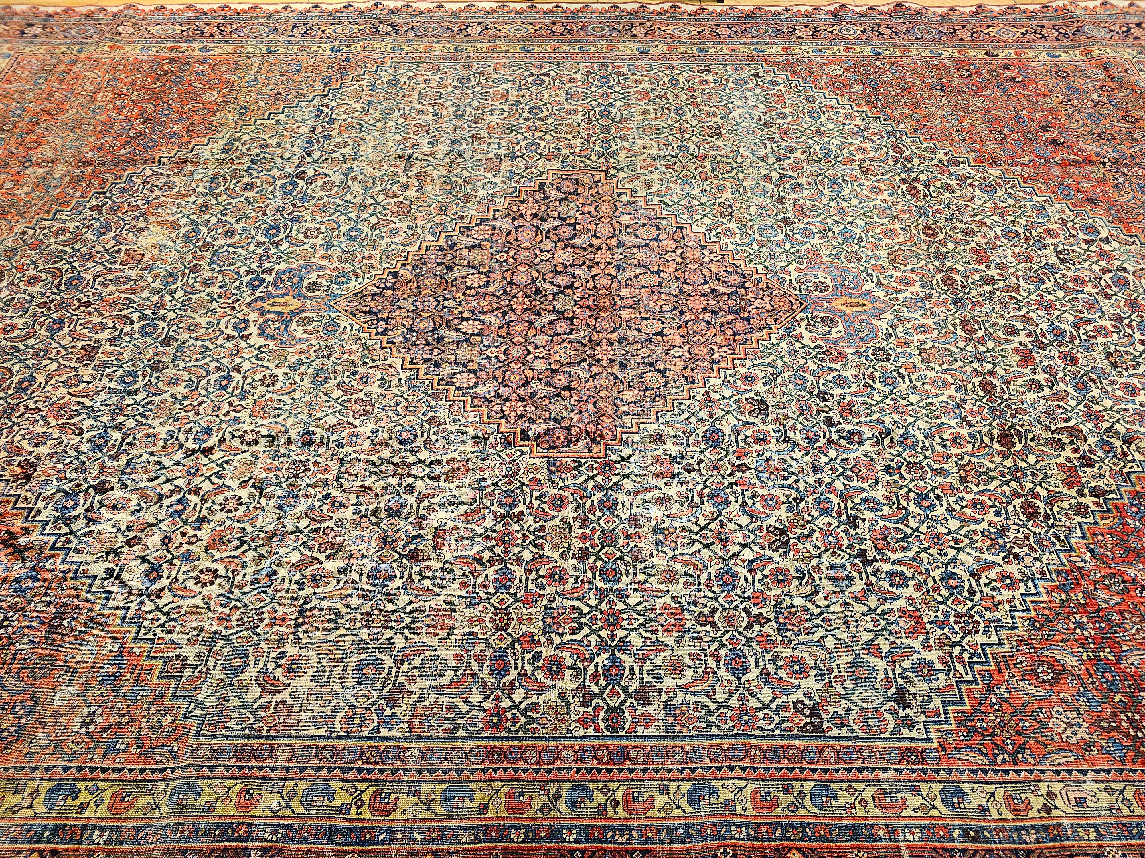 19th Century Persian Bidjar in Herati Geometric Pattern in Ivory, Red, Blue For Sale 11