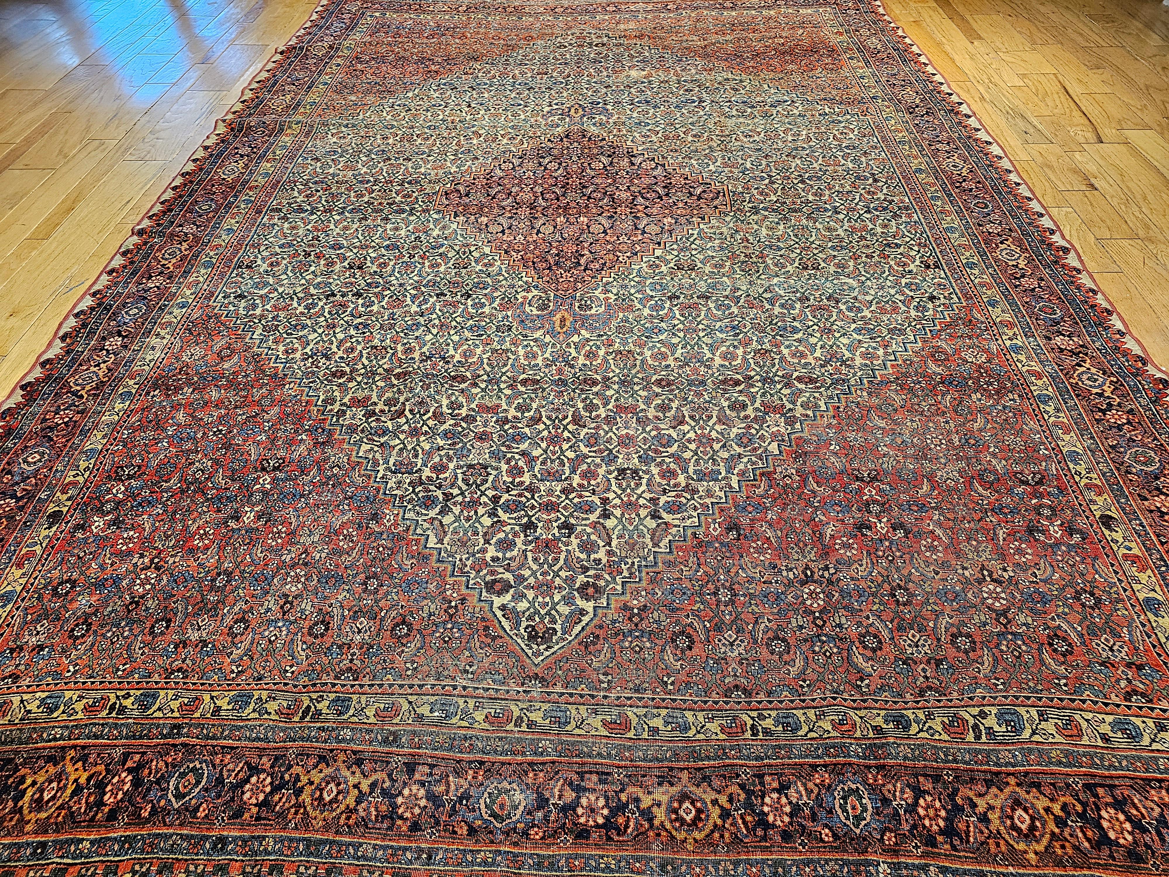 Vegetable Dyed 19th Century Persian Bidjar in Herati Geometric Pattern in Ivory, Red, Blue For Sale
