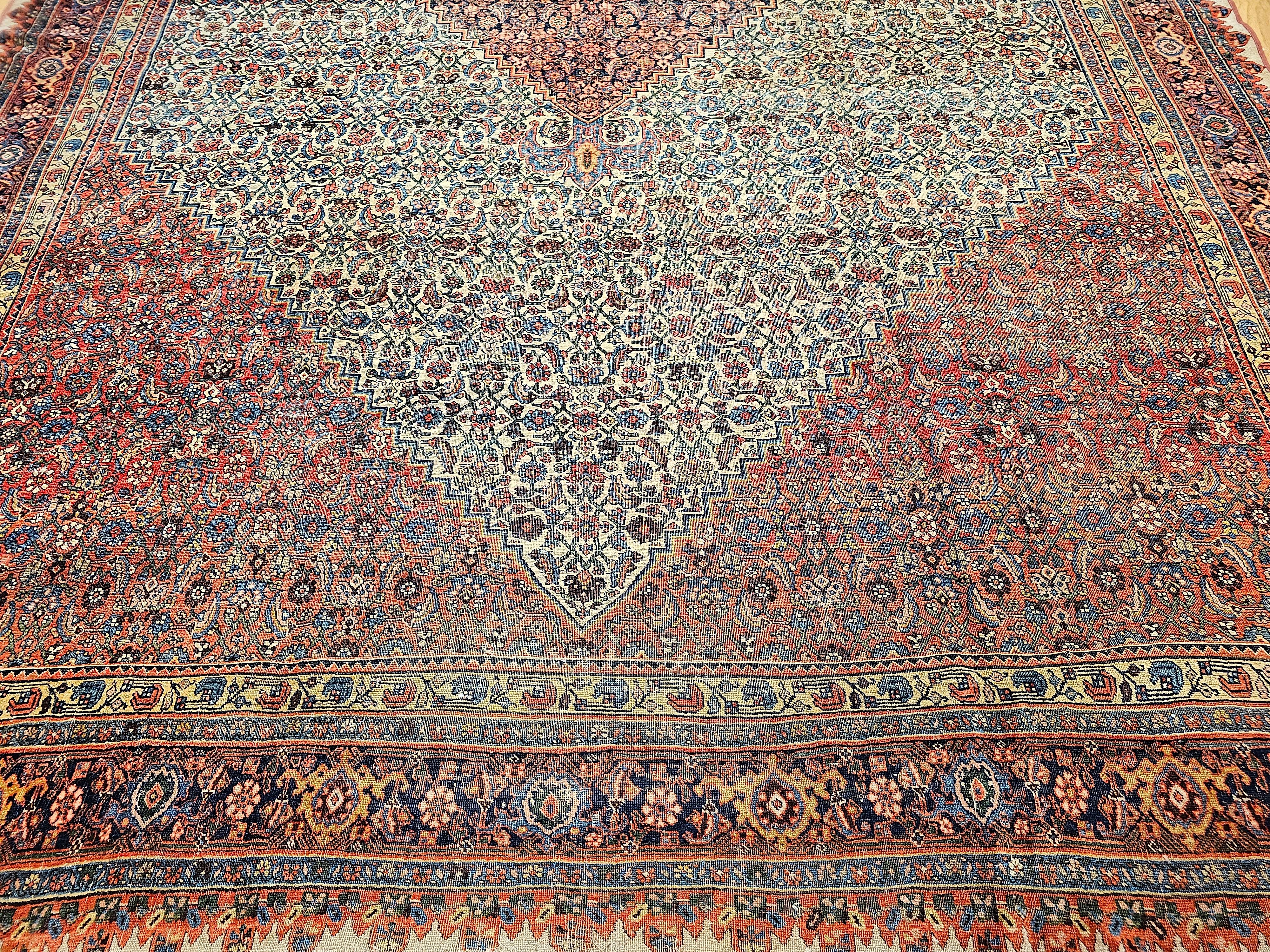 19th Century Persian Bidjar in Herati Geometric Pattern in Ivory, Red, Blue In Good Condition For Sale In Barrington, IL